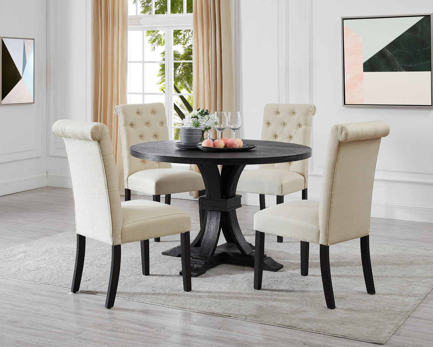 Siena Distressed Black Finish 5-Piece Dining set, Pedestal Round Table with Tan Upholstered Chairs