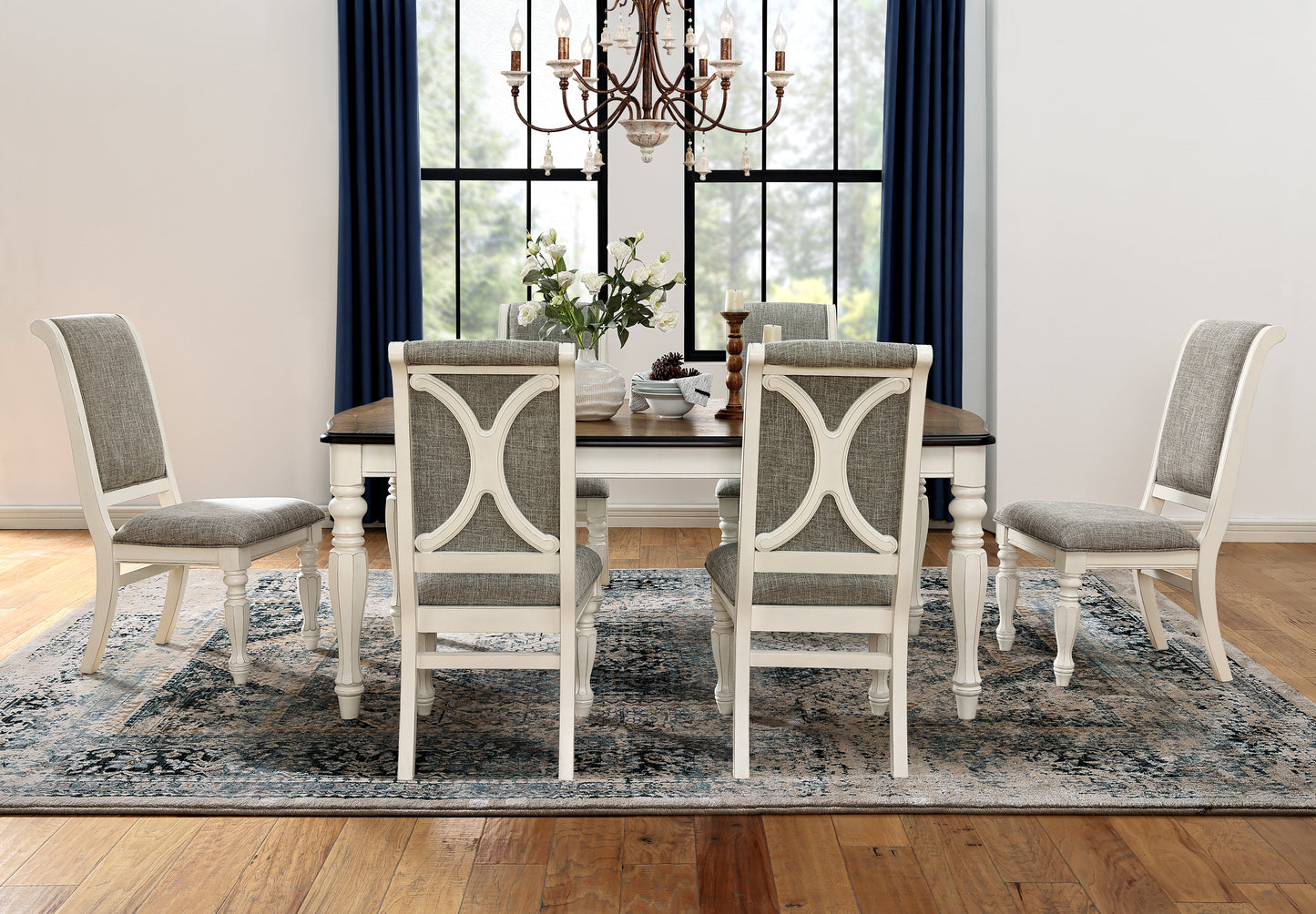 Roundhill Furniture Belleza French Country 7-Piece Dining Set in Antique White and Weathered Oak Finish