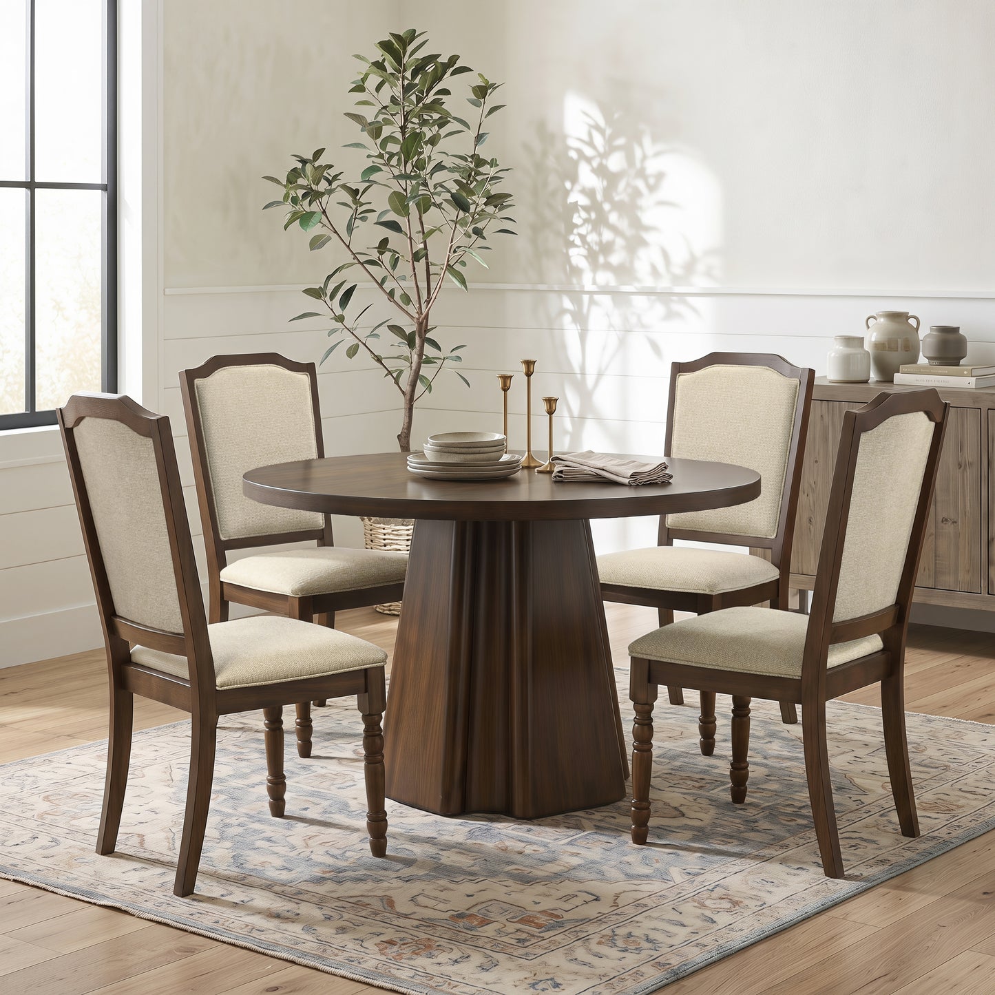 Roundhill Furniture Fantail 5-Piece Dining Set, Round Dining Table with 4 Iris Chairs, Walnut Finish