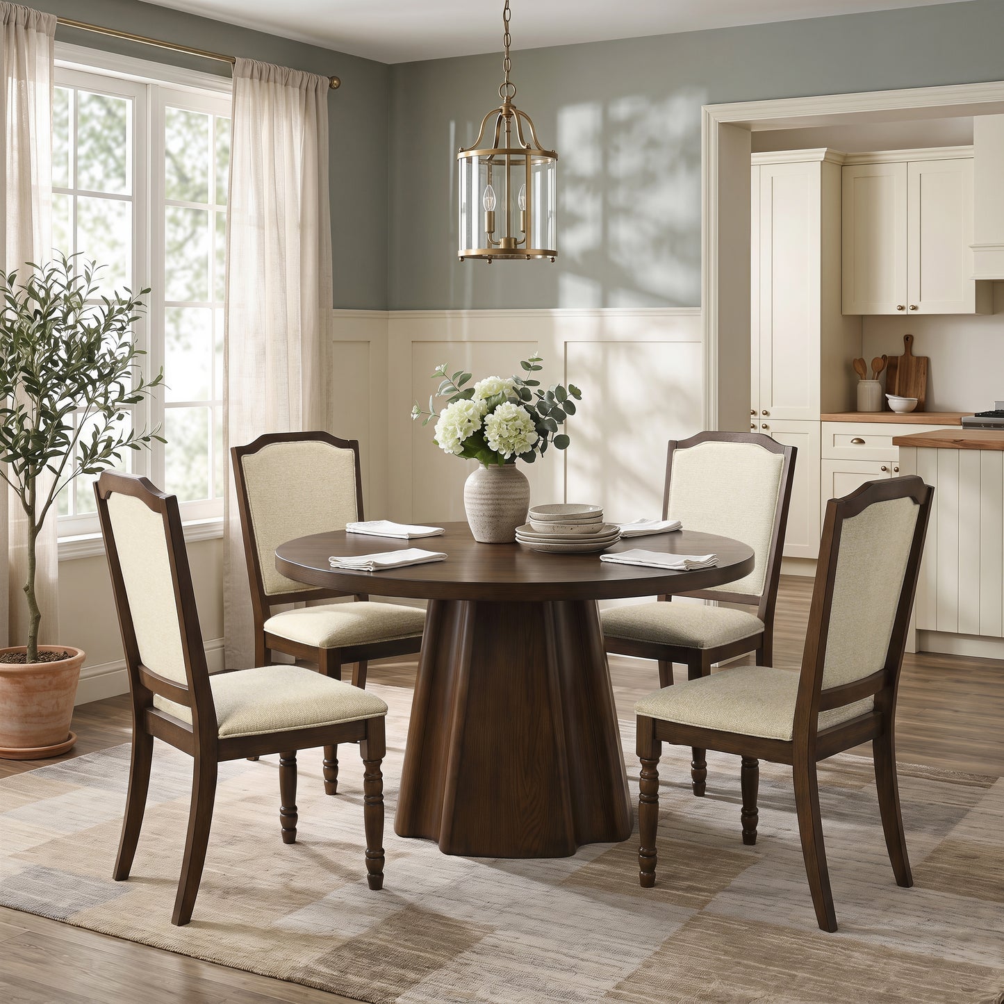 Roundhill Furniture Fantail 5-Piece Dining Set, Round Dining Table with 4 Iris Chairs, Walnut Finish