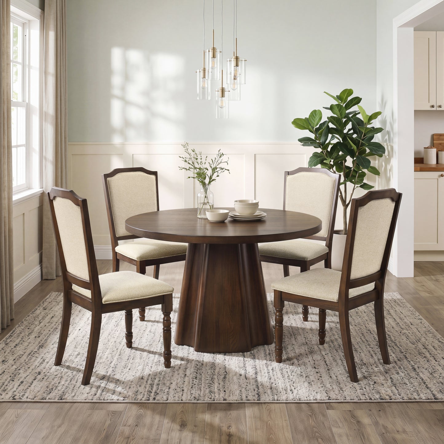 Roundhill Furniture Fantail 5-Piece Dining Set, Round Dining Table with 4 Iris Chairs, Walnut Finish