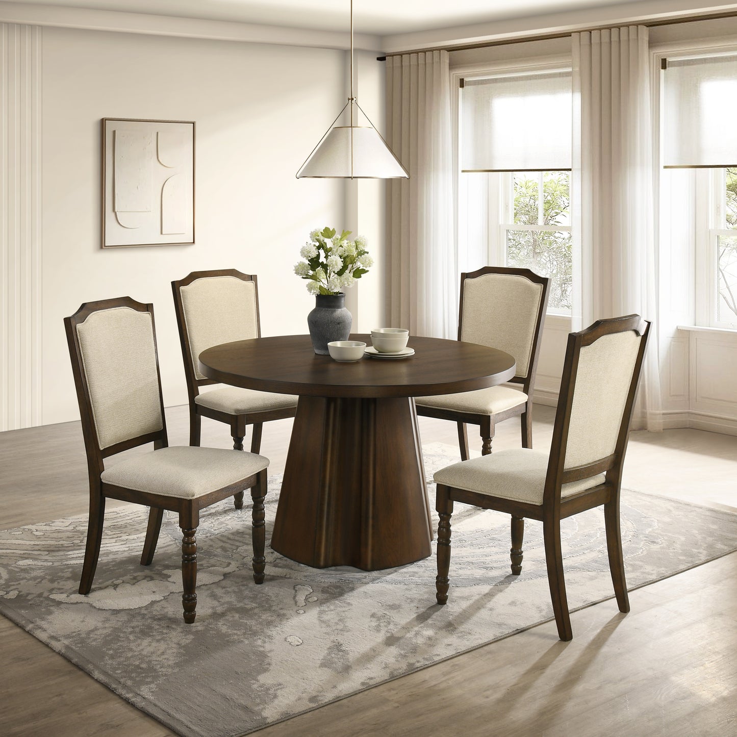 Roundhill Furniture Fantail 5-Piece Dining Set, Round Dining Table with 4 Iris Chairs, Walnut Finish