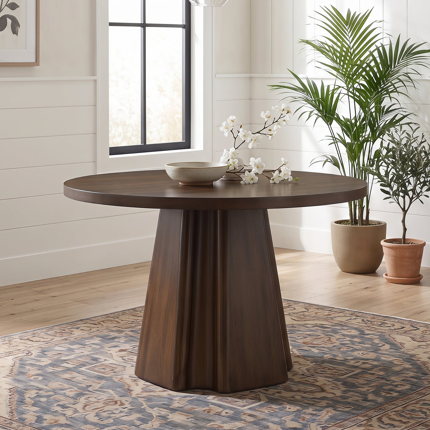 Roundhill Furniture Fantail Sculptural Pedestal Round Dining Table, Walnut
