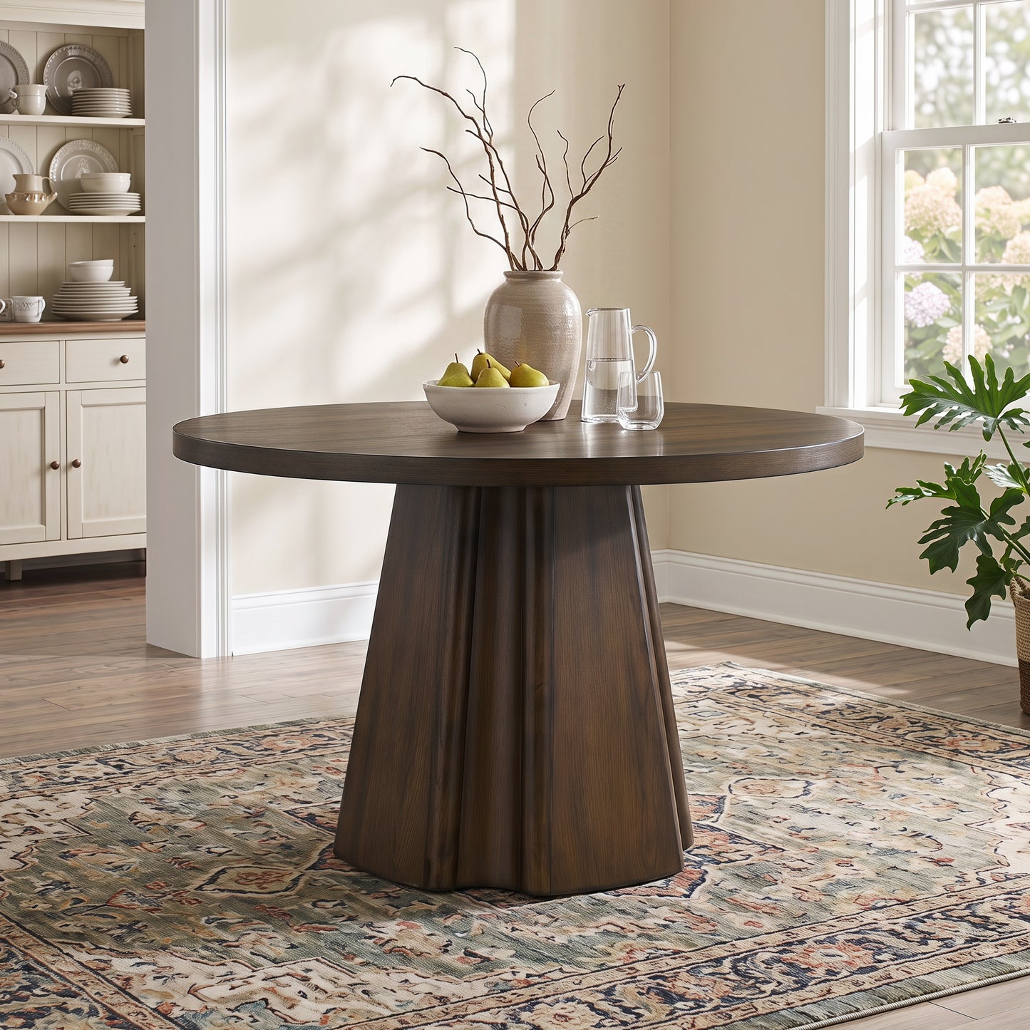Roundhill Furniture Fantail Sculptural Pedestal Round Dining Table, Walnut