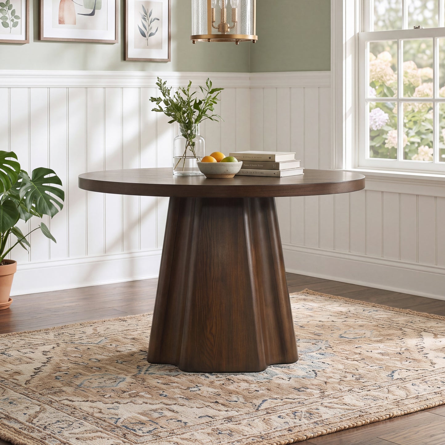 Roundhill Furniture Fantail Sculptural Pedestal Round Dining Table, Walnut