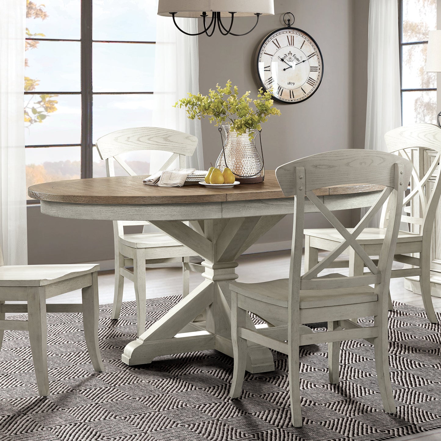 Roundhill Furniture Harola Round Pedestal Dining Table with 18" Leaf, Distressed Pine Finish