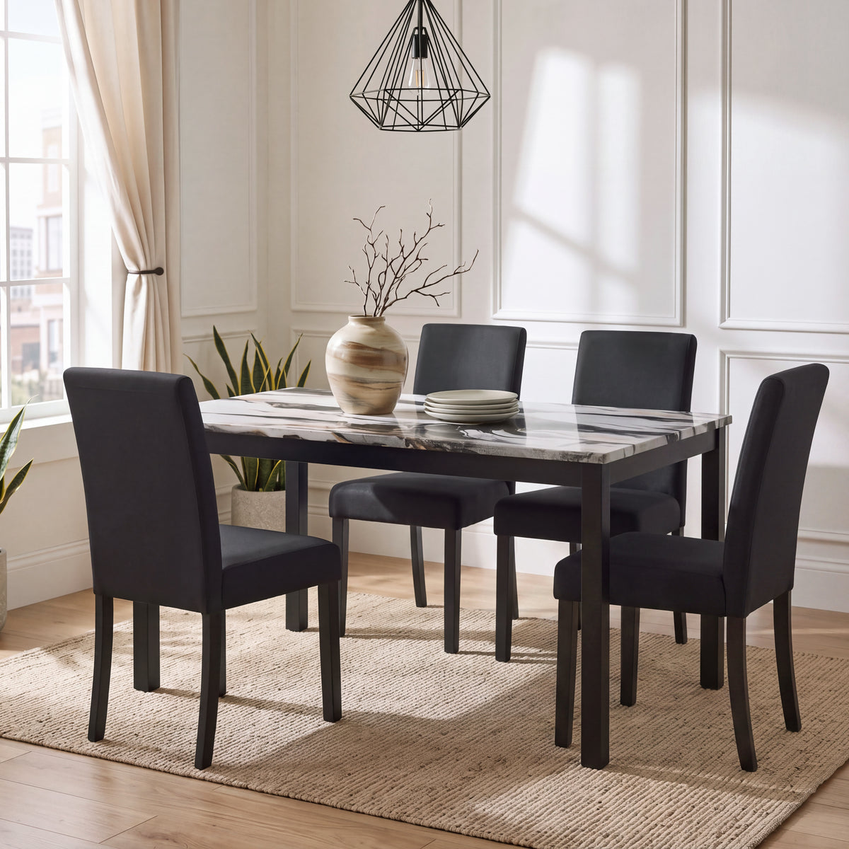 Roundhill Furniture Flint 5-Piece Dining Set, 48-inch Dining Table with 4 Chairs