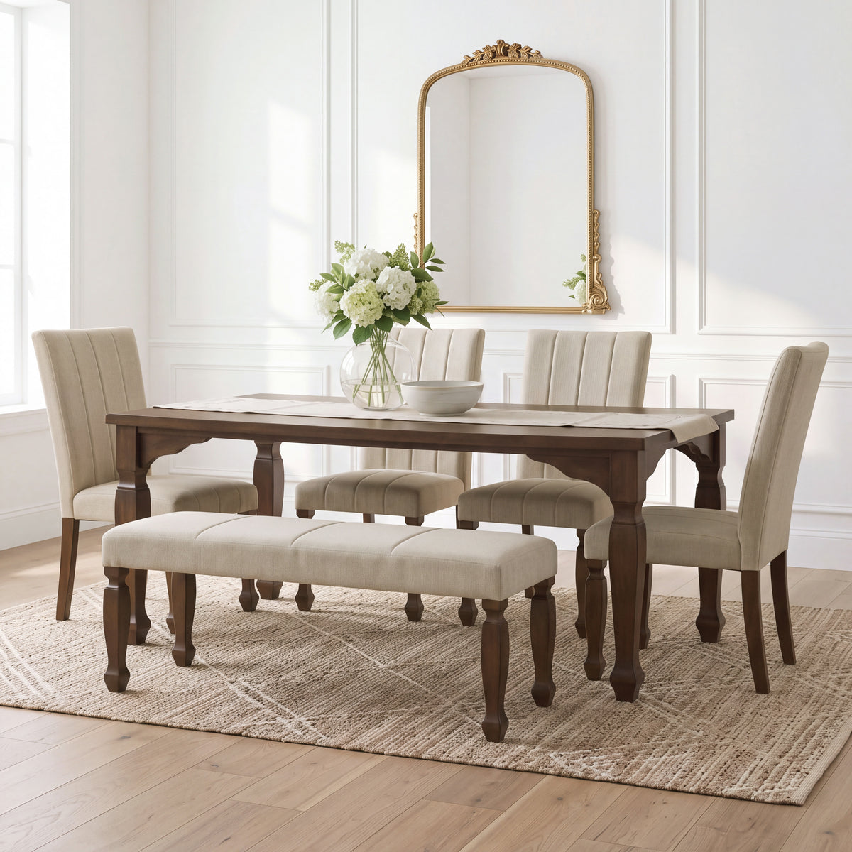 Roundhill Furniture Rowan 6-Piece Dining Set, 72-inch Dining Table with 4 Chairs and Bench, Walnut Finish