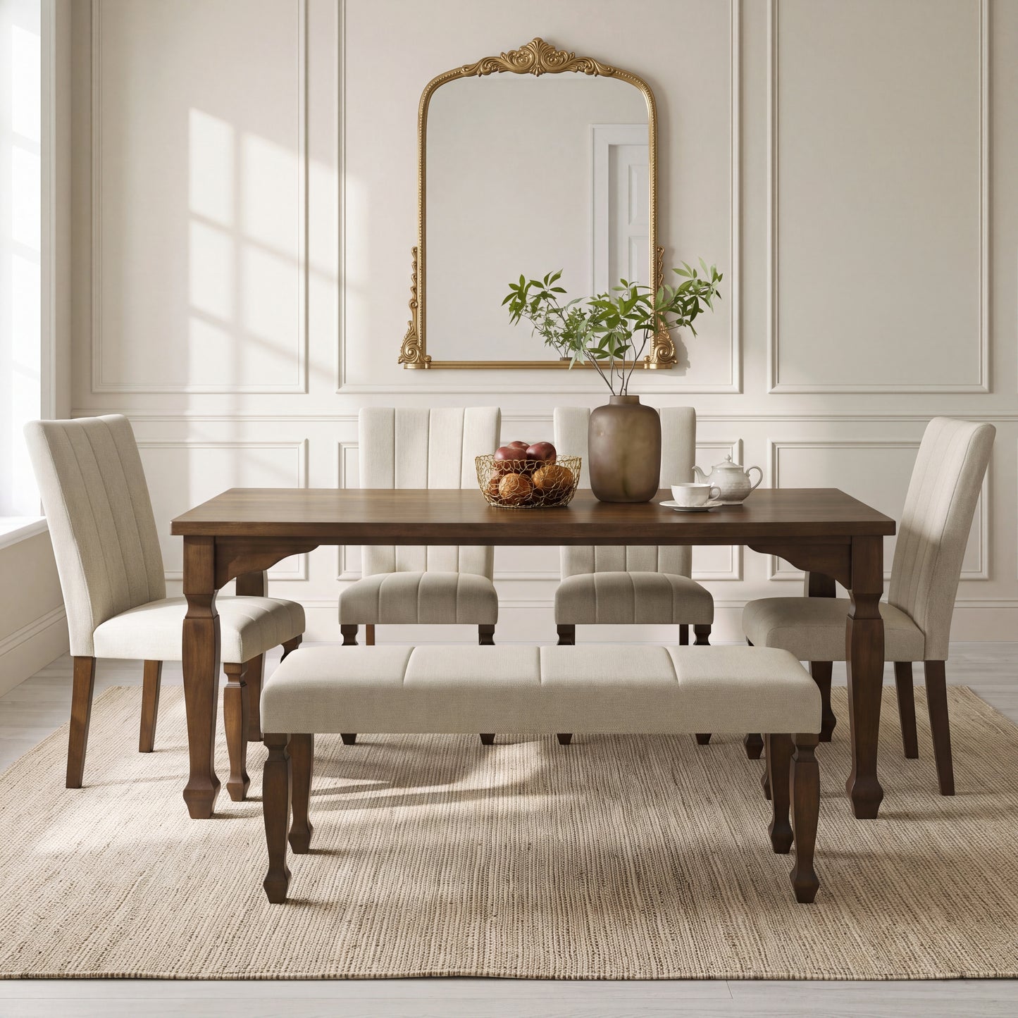 Roundhill Furniture Rowan 6-Piece Dining Set, 72-inch Dining Table with 4 Chairs and Bench, Walnut Finish