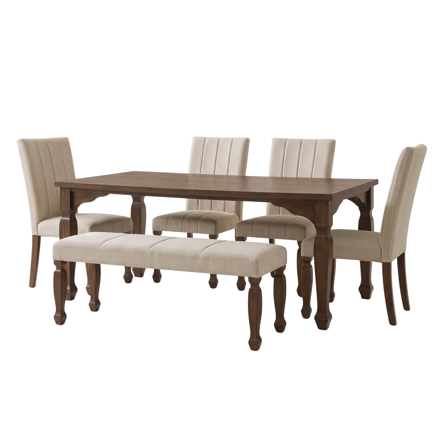 Roundhill Furniture Rowan 6-Piece Dining Set, 72-inch Dining Table with 4 Chairs and Bench, Walnut Finish