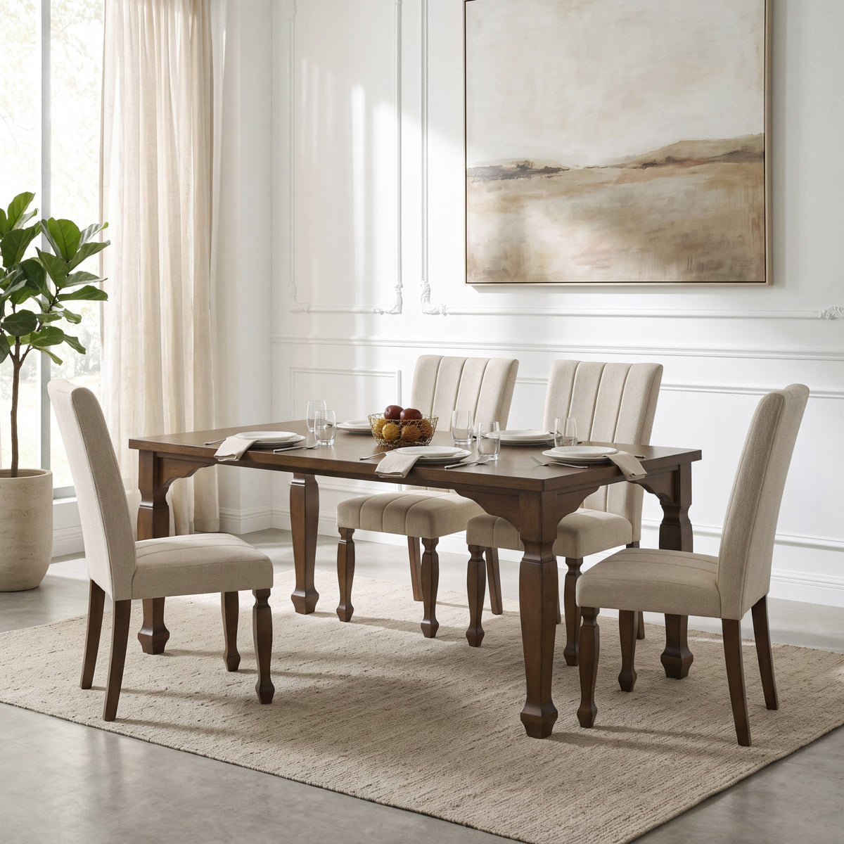 Roundhill Furniture Rowan 5-Piece Dining Set, 72-inch Dining Table with 4 Chairs, Walnut Finish