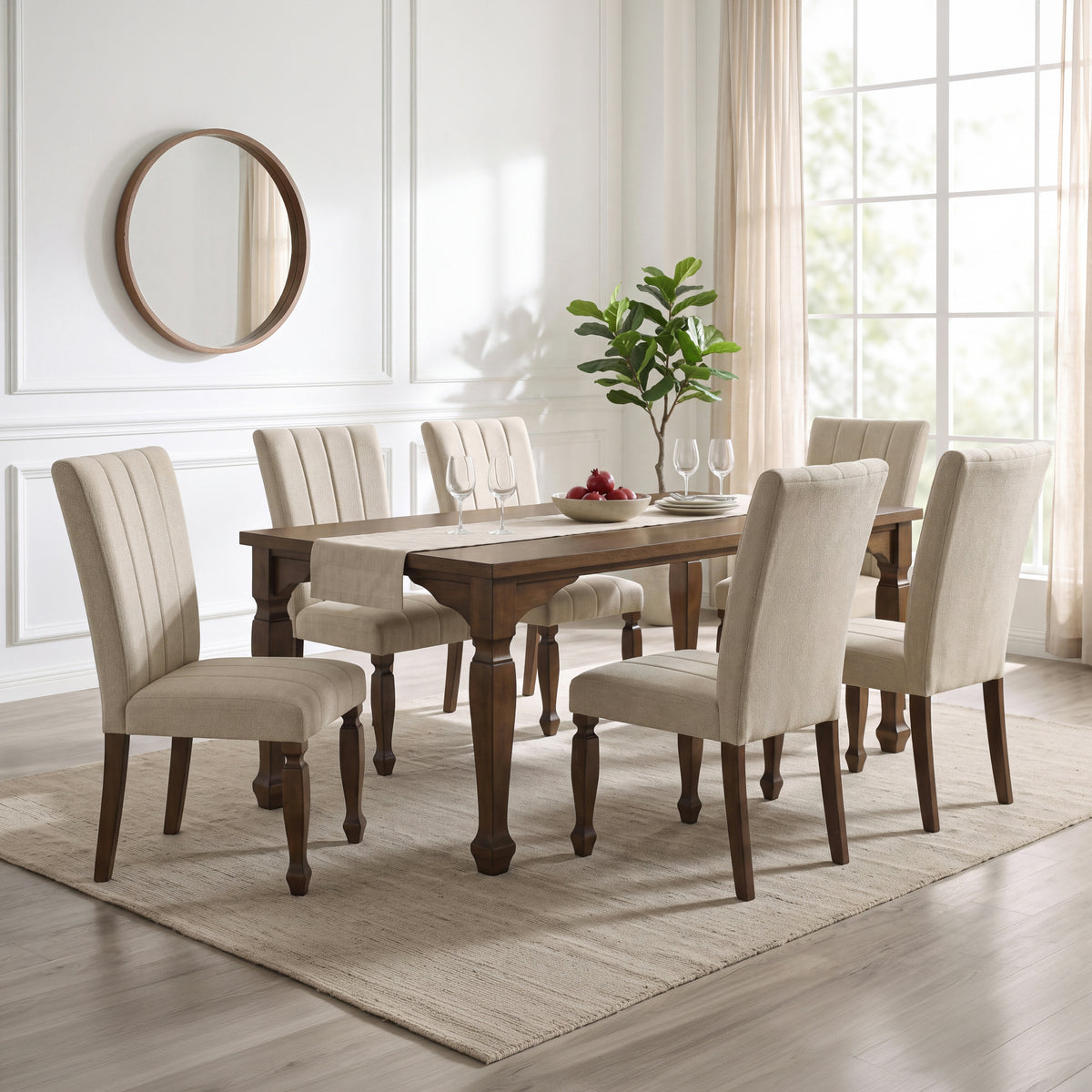 Roundhill Furniture Rowan 7-Piece Dining Set, 72-inch Dining Table with 6 Chairs, Walnut Finish