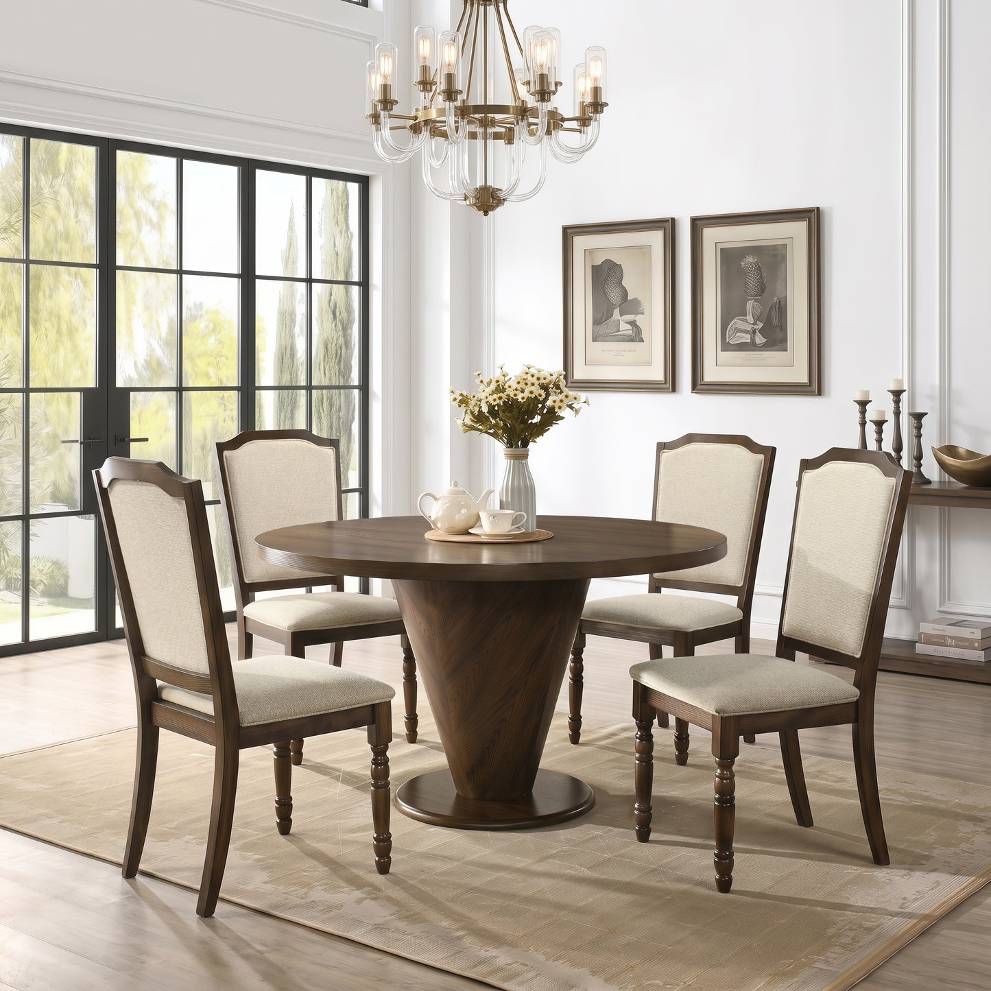 Roundhill Furniture Solene 5-Piece Dining Set, Round Dining Table with 4 Iris Chairs, Walnut Finish