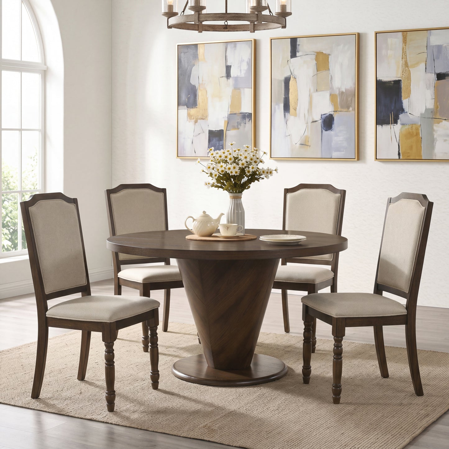 Roundhill Furniture Solene 5-Piece Dining Set, Round Dining Table with 4 Iris Chairs, Walnut Finish