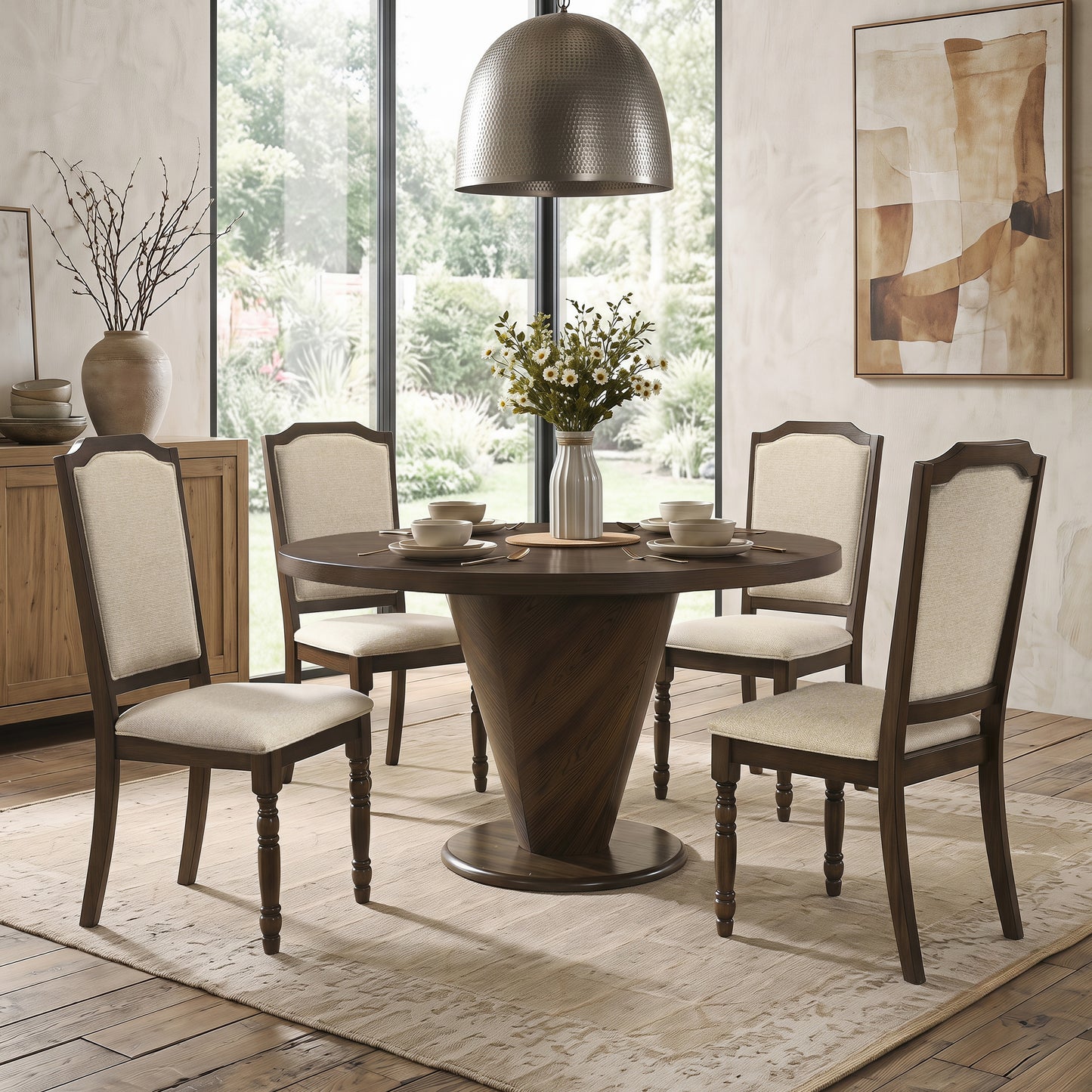 Roundhill Furniture Solene 5-Piece Dining Set, Round Dining Table with 4 Iris Chairs, Walnut Finish