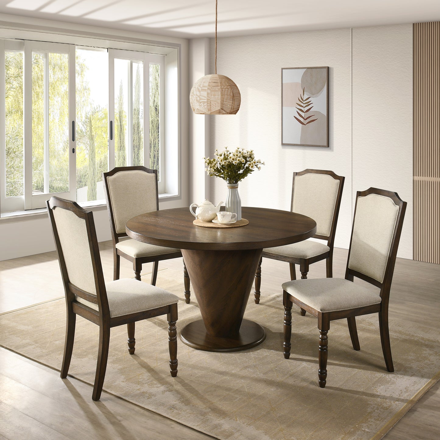Roundhill Furniture Solene 5-Piece Dining Set, Round Dining Table with 4 Iris Chairs, Walnut Finish