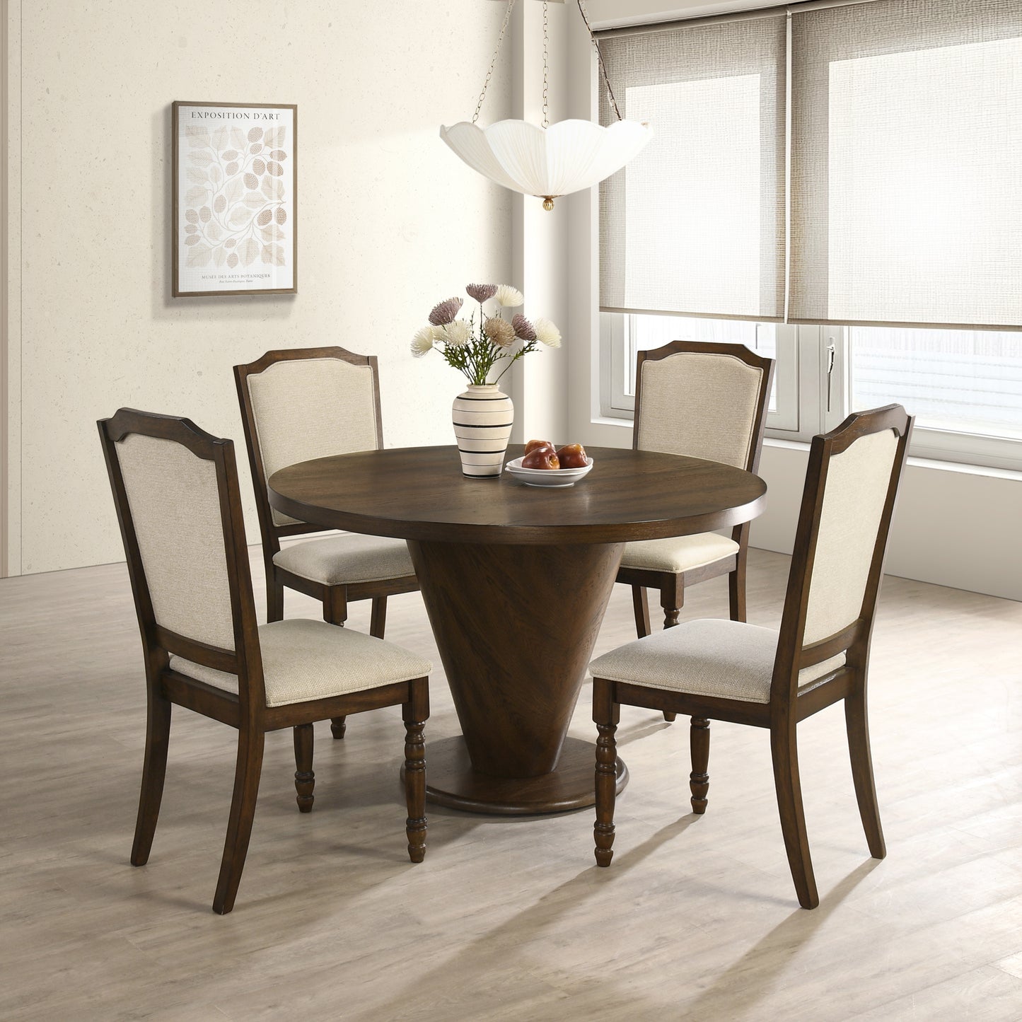Roundhill Furniture Solene 5-Piece Dining Set, Round Dining Table with 4 Iris Chairs, Walnut Finish