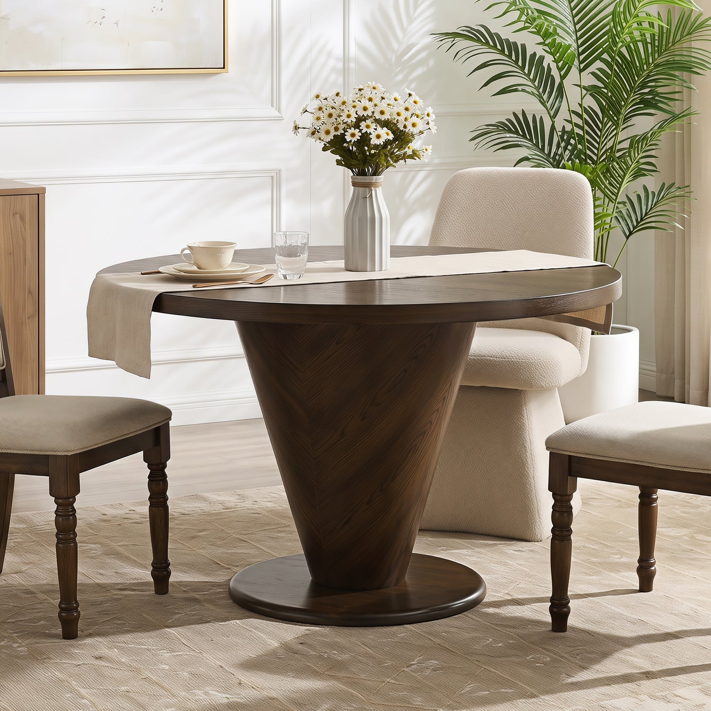 Roundhill Furniture Solene Sculptural Pedestal Round Dining Table, Walnut