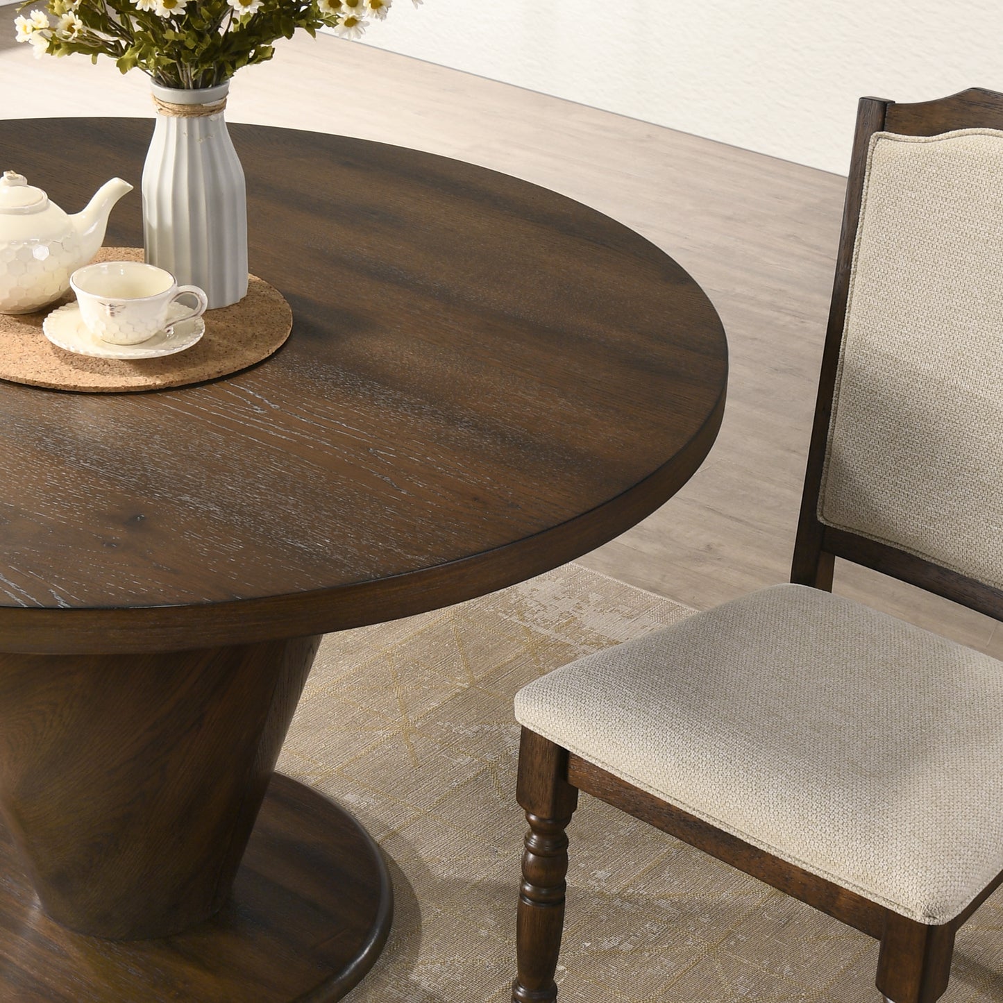 Roundhill Furniture Solene Sculptural Pedestal Round Dining Table, Walnut