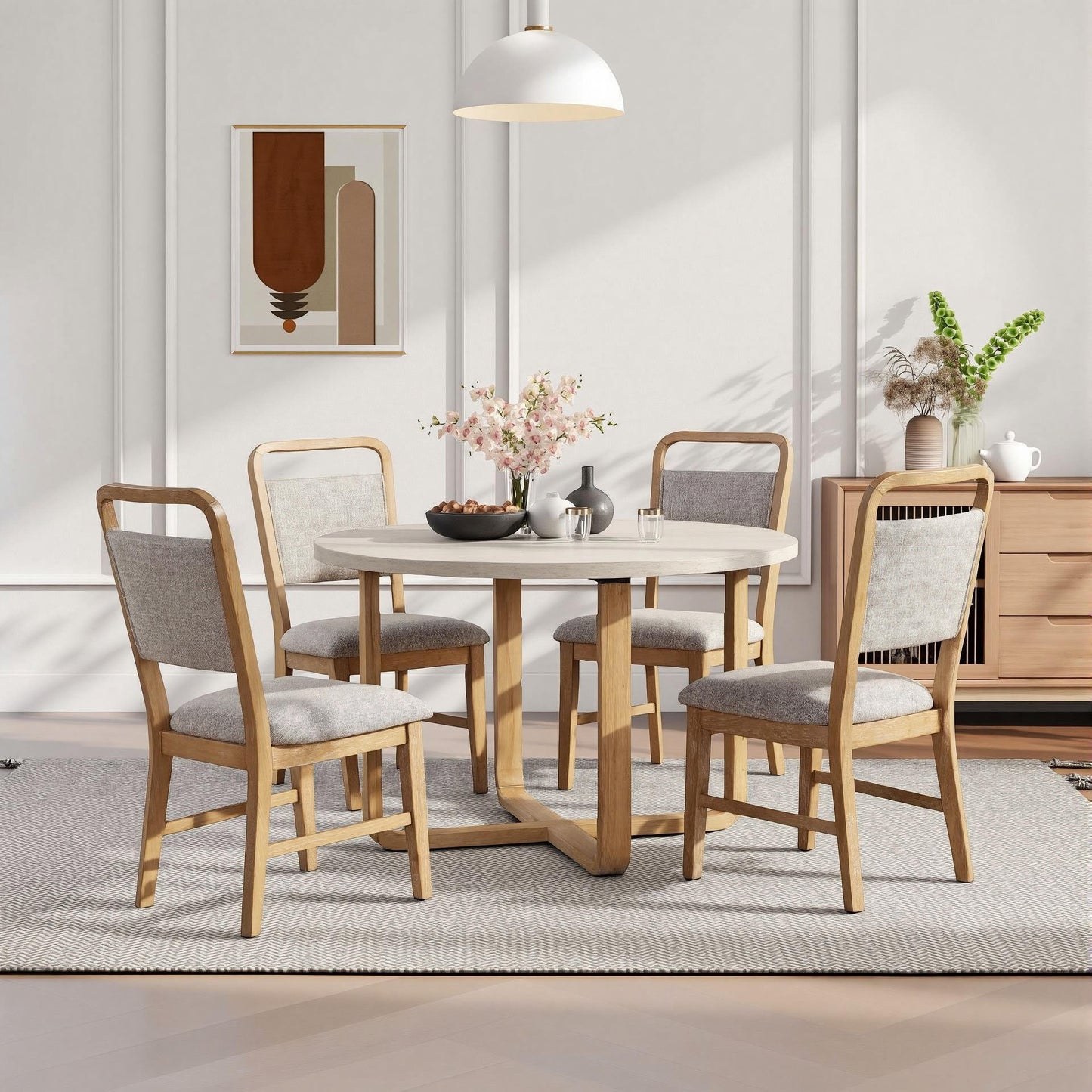 Roundhill Furniture Arden 5-Piece Dining Set, 47" Round Table with 4 Solid Wood Chairs
