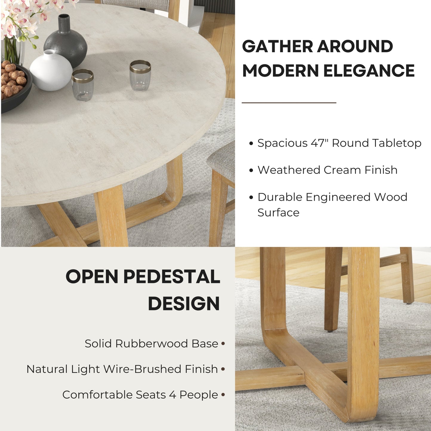 Roundhill Furniture Arden 5-Piece Dining Set, 47" Round Table with 4 Solid Wood Chairs