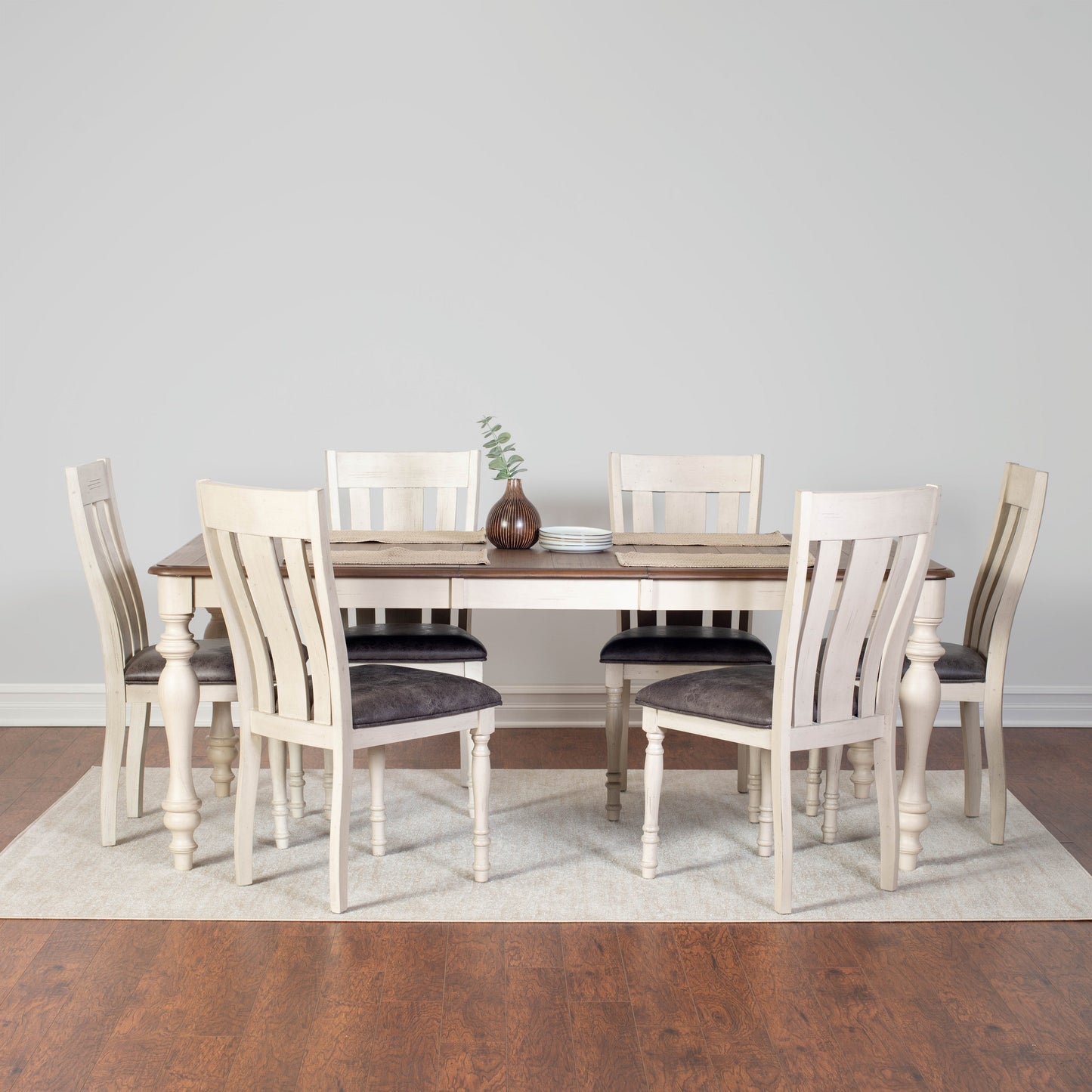 Arch Weathered Oak Dining Set: Table with Extension Leaf, Six Chairs