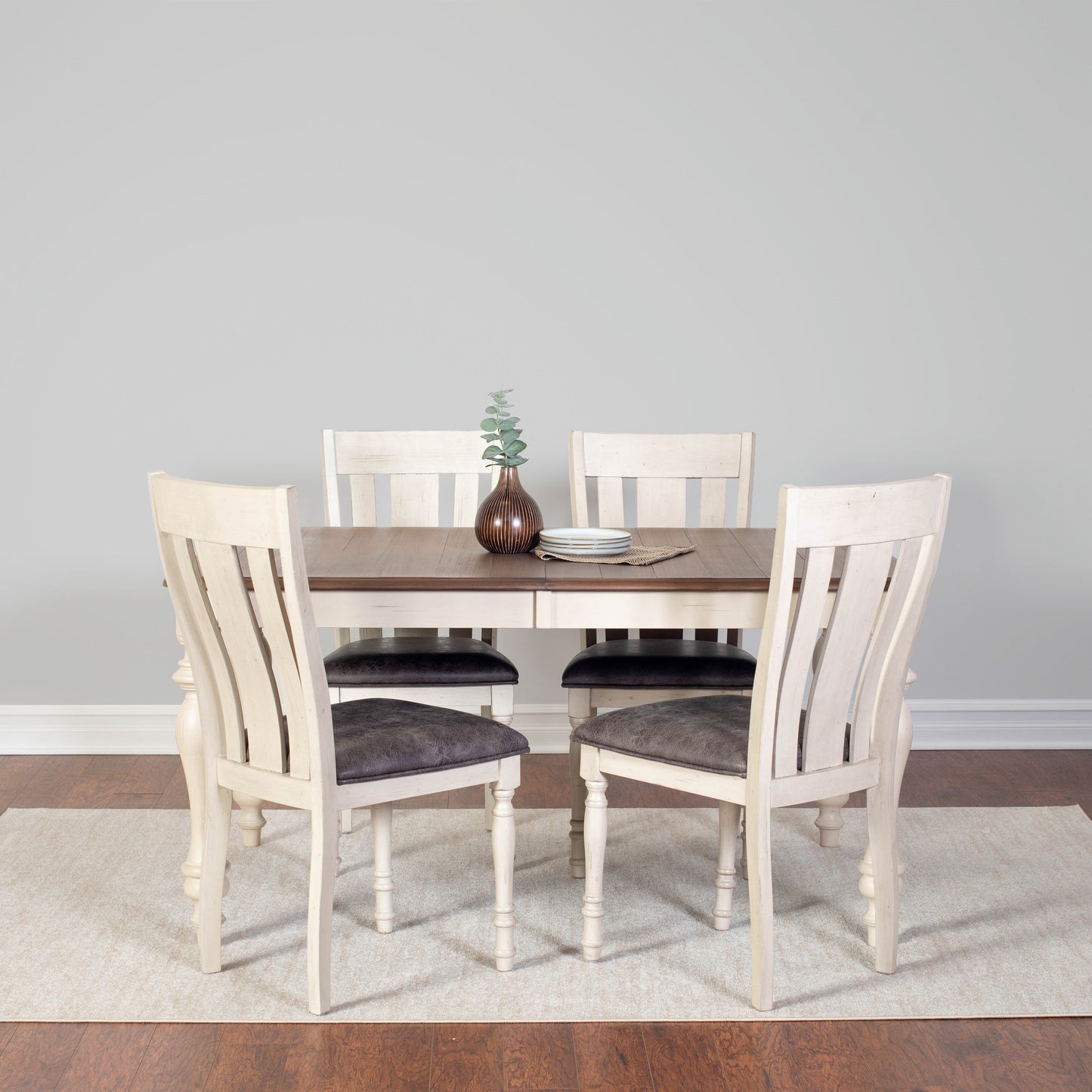 Arch Weathered Oak Dining Set: Table with Extension Leaf, Four Chairs