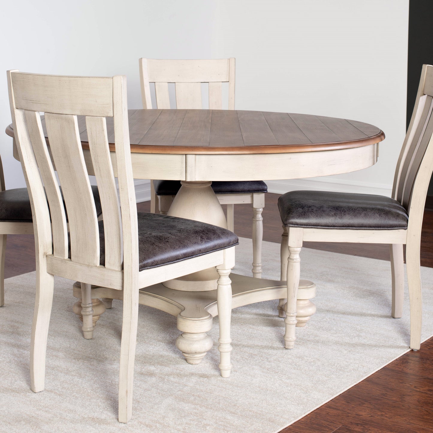 Arch Weathered Oak Dining Set: Round Table, Six Chairs