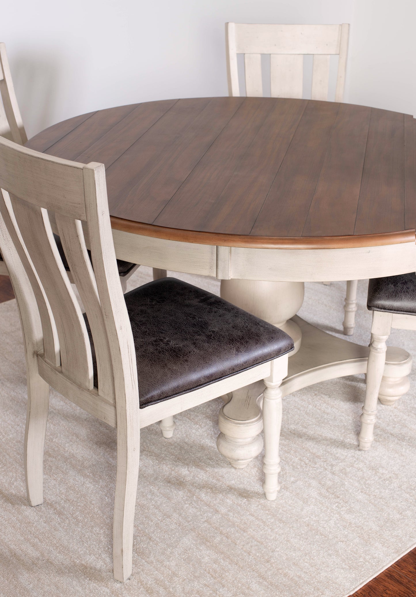 Arch Weathered Oak Dining Set: Round Table, Six Chairs