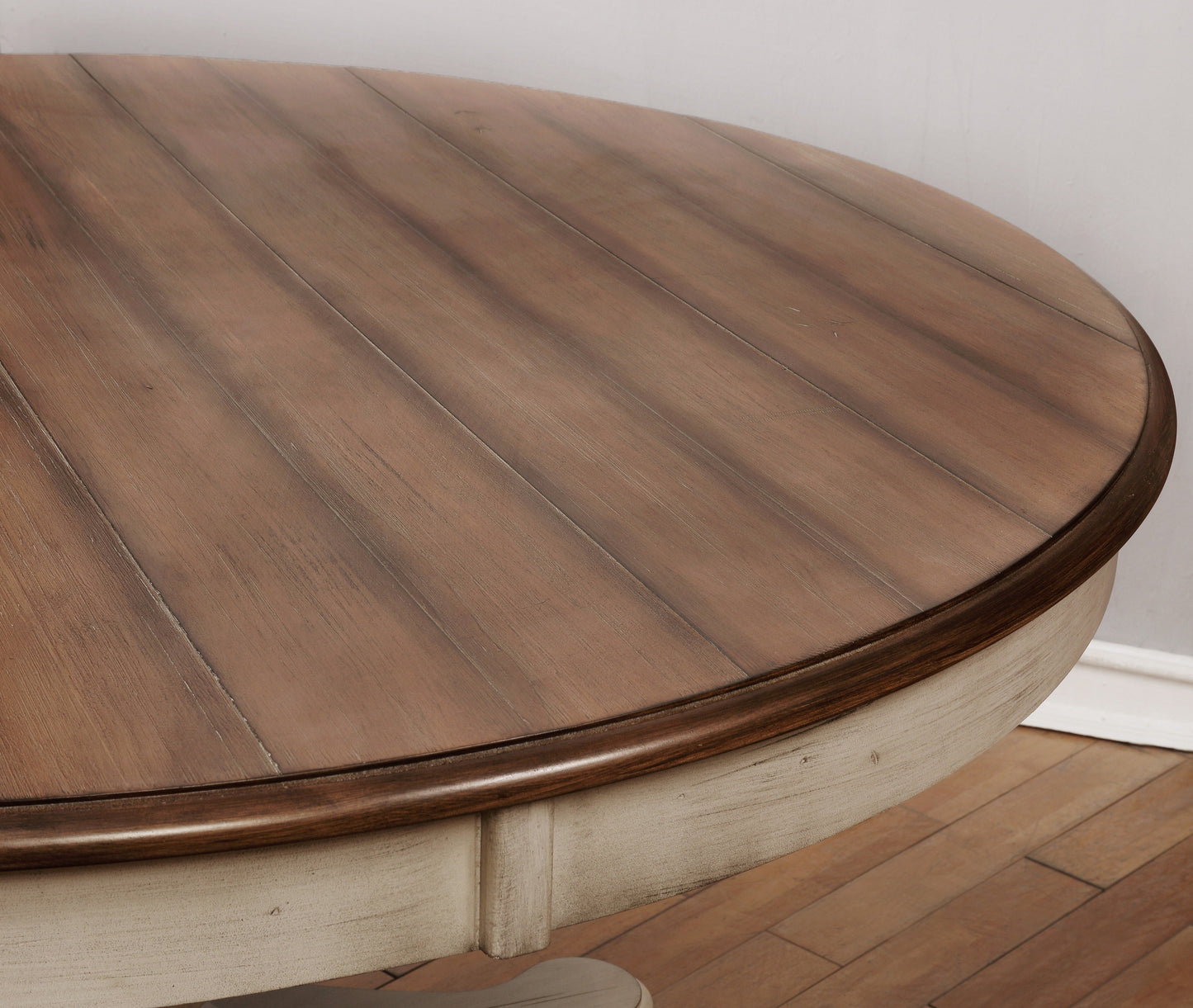 Arch Weathered Oak Dining Set: Round Table, Six Chairs