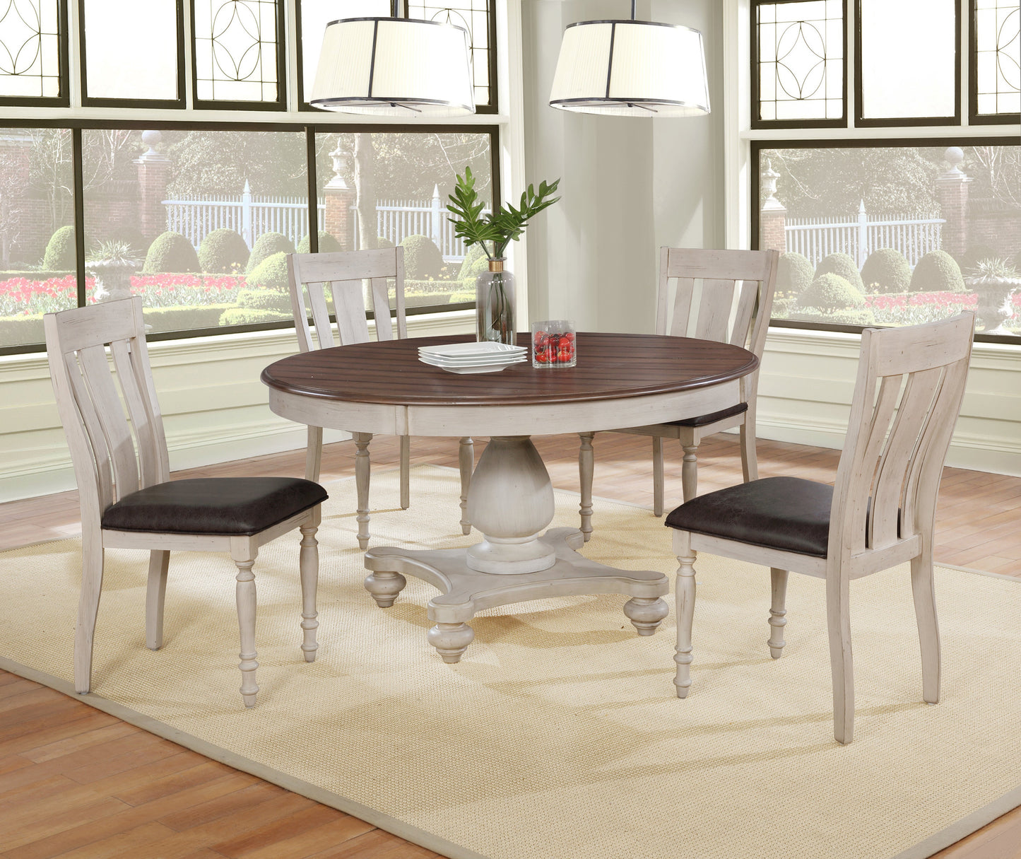 Arch Weathered Oak Dining Set: Round Table, Four Chairs