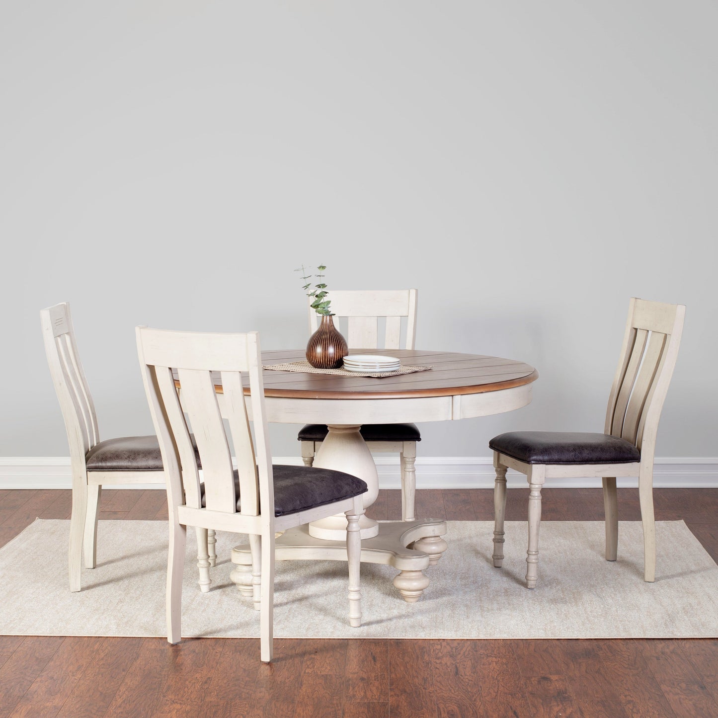 Arch Weathered Oak Dining Set: Round Table, Four Chairs