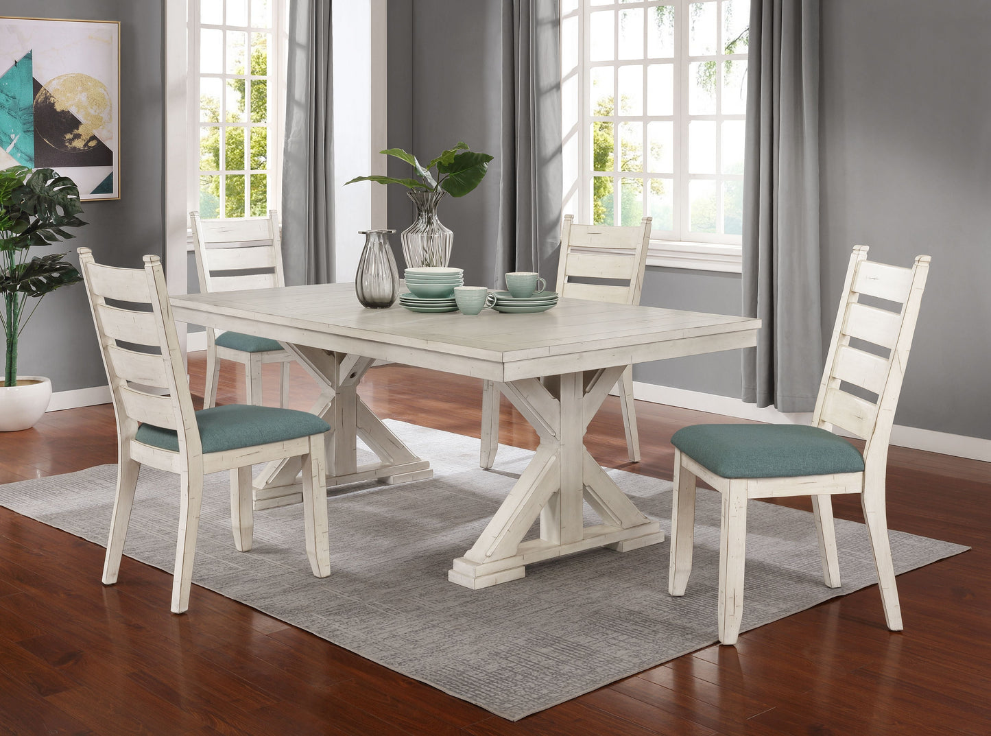 Florina Antique White Wood Trestle 5-Piece Dining Set: Dining Table with 4 Chairs