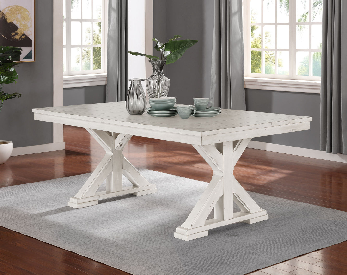 Florina Antique White Wood Trestle 5-Piece Dining Set: Dining Table with 4 Chairs