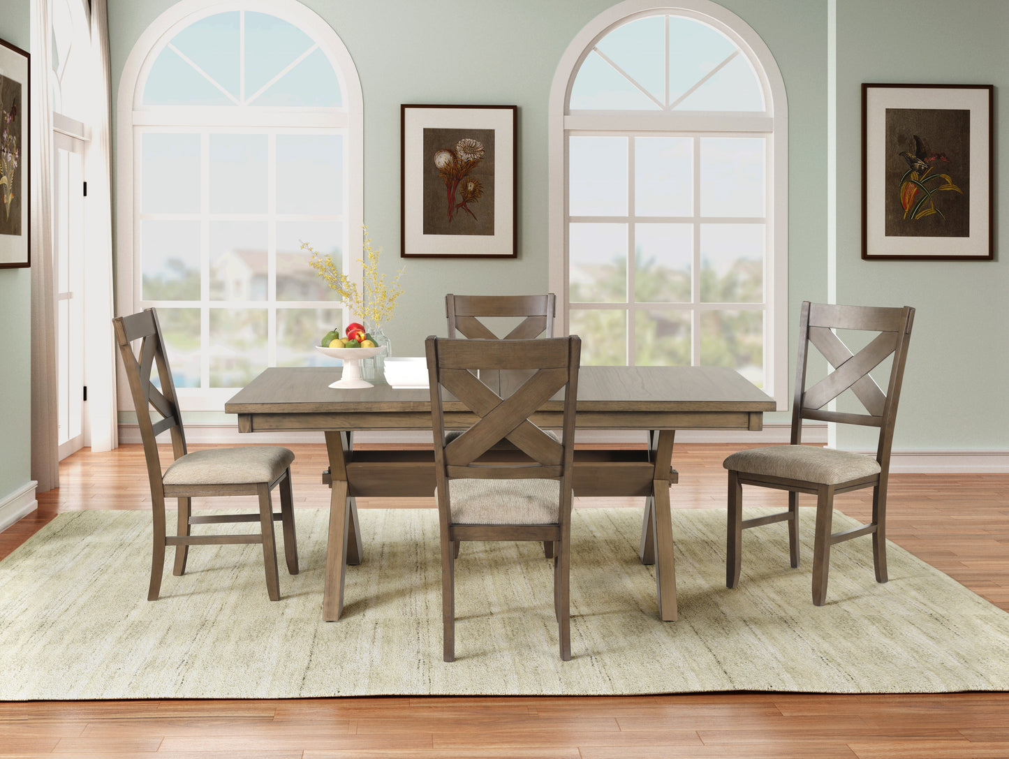 Raven Wood 5-Piece Dining Set, Extendable Trestle Dining Table with 4 Chairs, Glazed Pine Brown