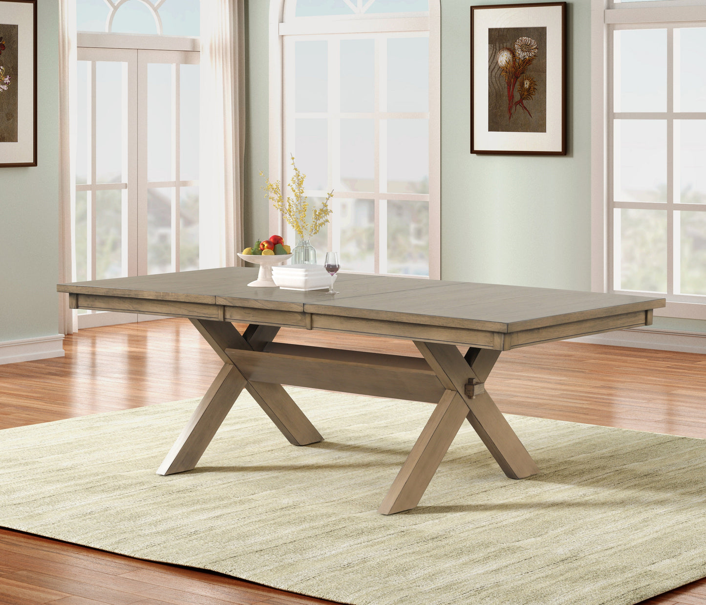 Raven Wood Trestle Extendable Dining Table with Leaf, Glazed Pine Brown