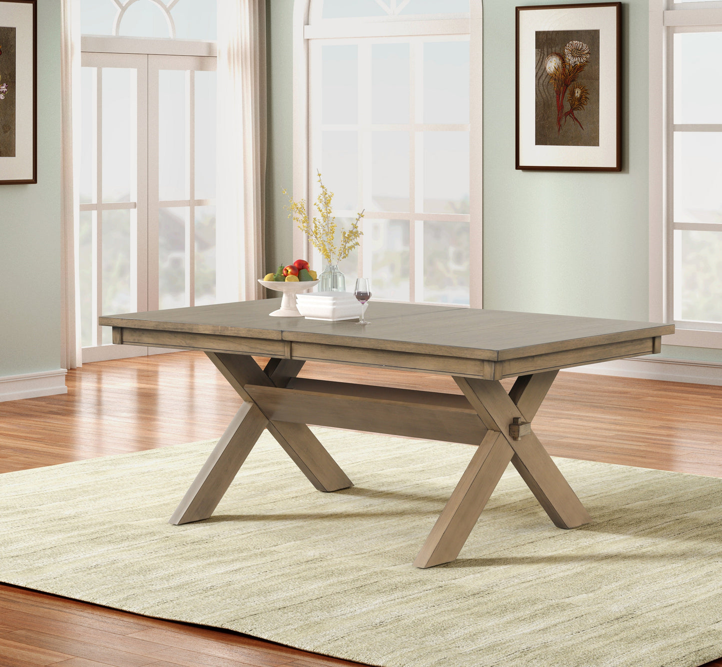 Raven Wood Trestle Extendable Dining Table with Leaf, Glazed Pine Brown