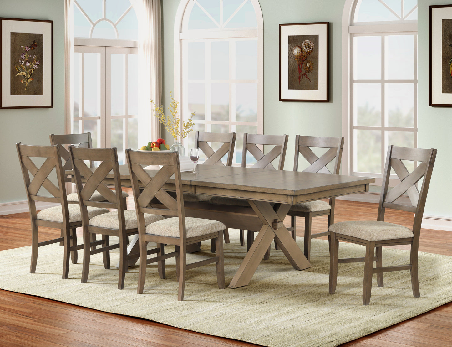 Raven Wood 9-Piece Dining Set, Extendable Trestle Dining Table with 8 Chairs, Glazed Pine Brown