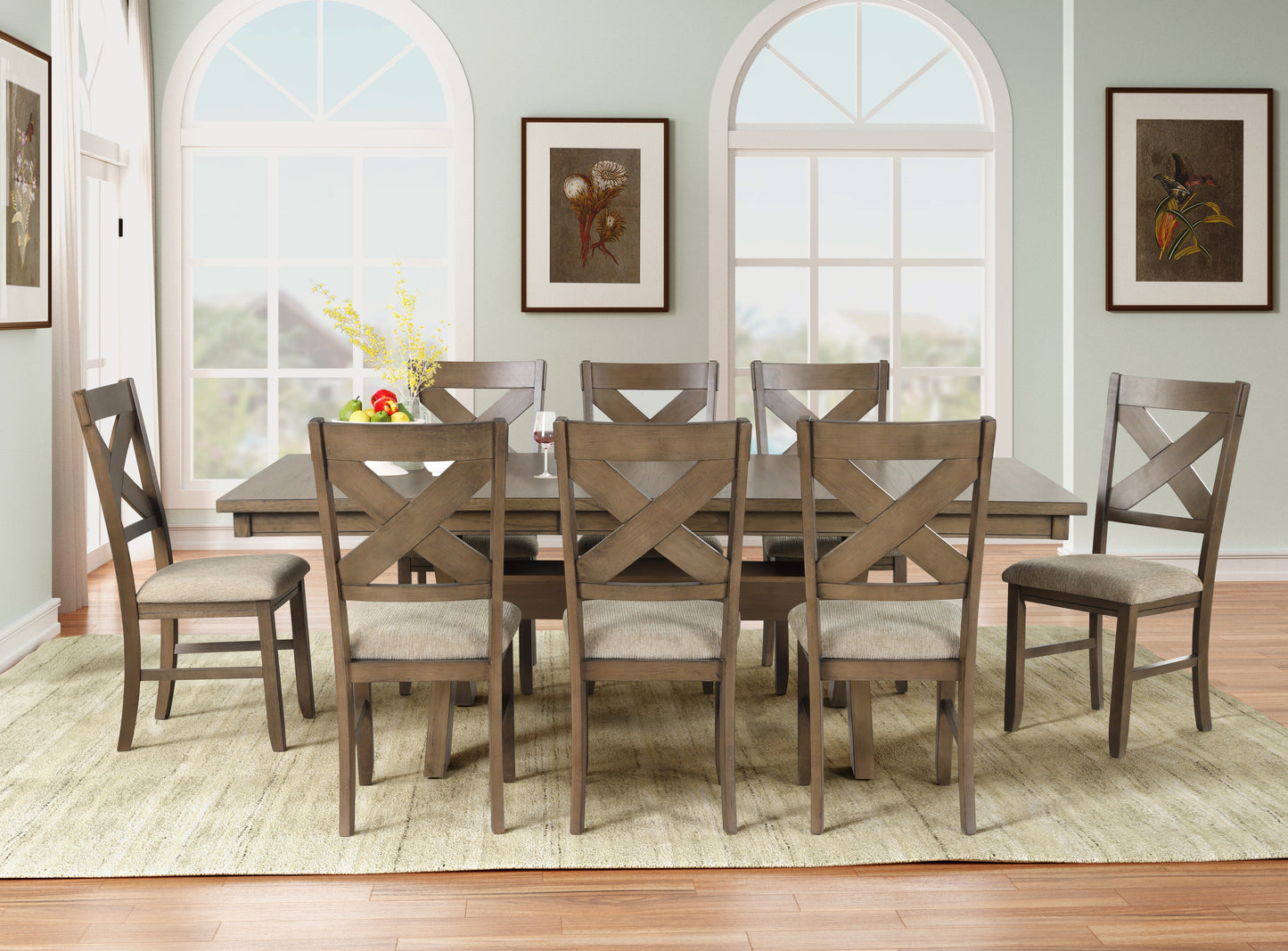 Raven Wood 9-Piece Dining Set, Extendable Trestle Dining Table with 8 Chairs, Glazed Pine Brown