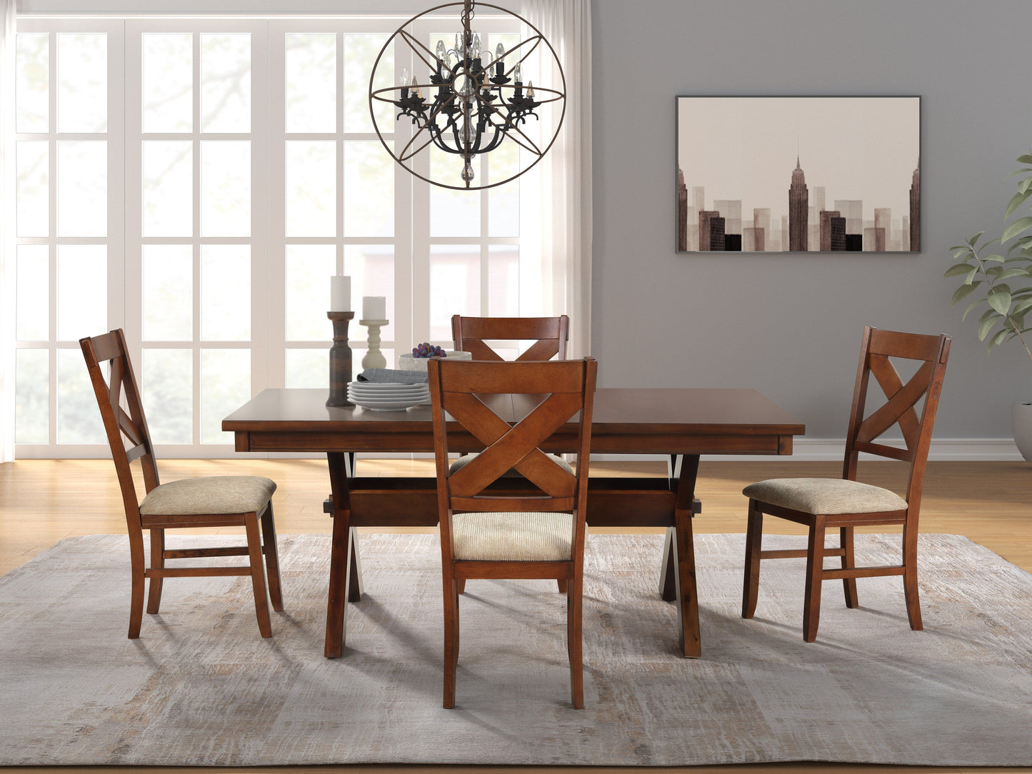 Karven Wood 5-Piece Dining Set, Extendable Trestle Dining Table with 4 Chairs, Dark Hazelnut