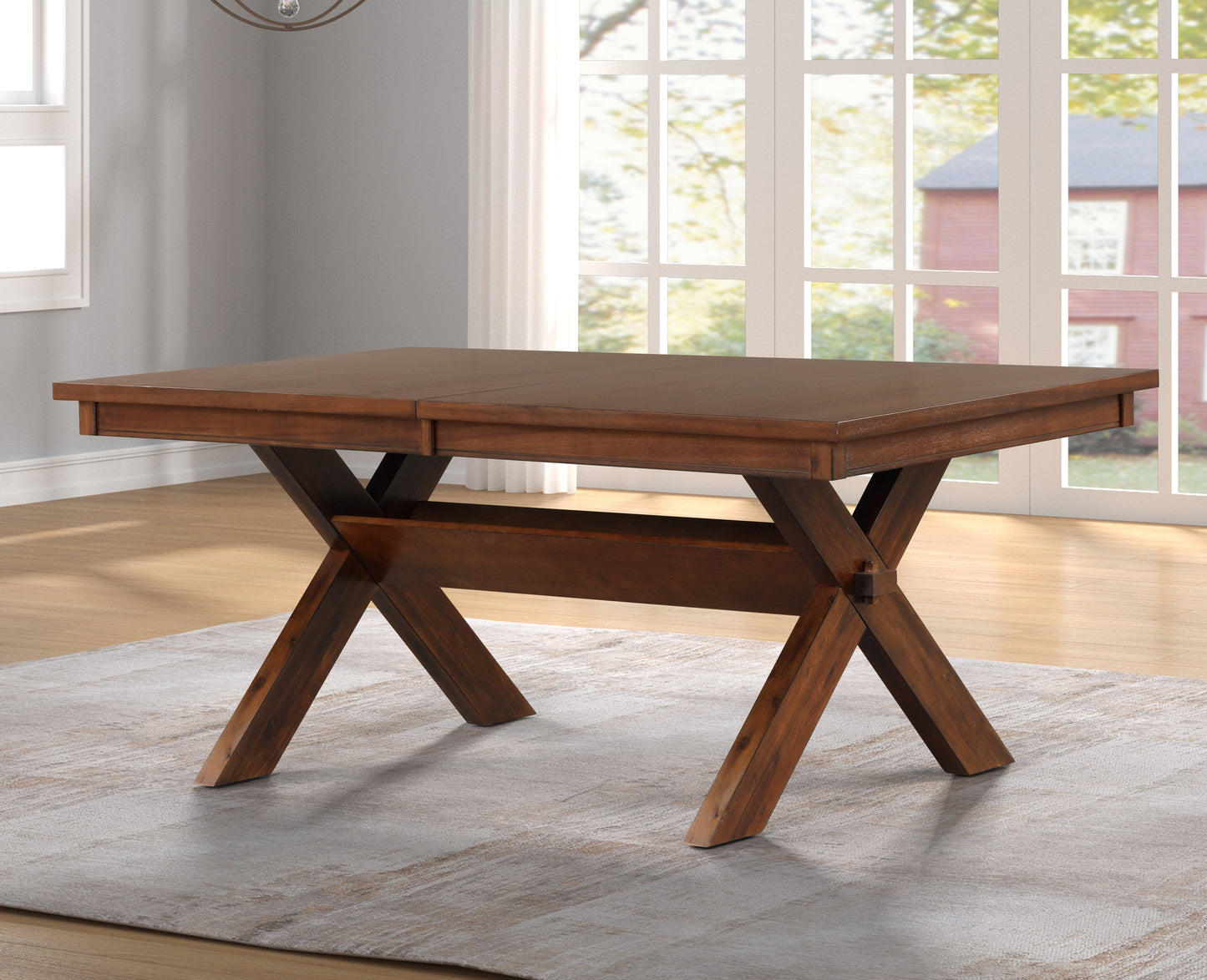 Karven Wood Trestle Extendable Dining Table with Leaf, Dark Hazelnut