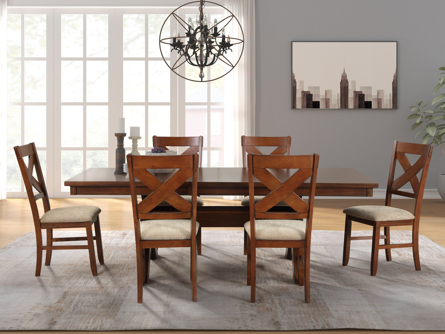 Karven Wood 7-Piece Dining Set, Extendable Trestle Dining Table with 6 Chairs, Dark Hazelnut