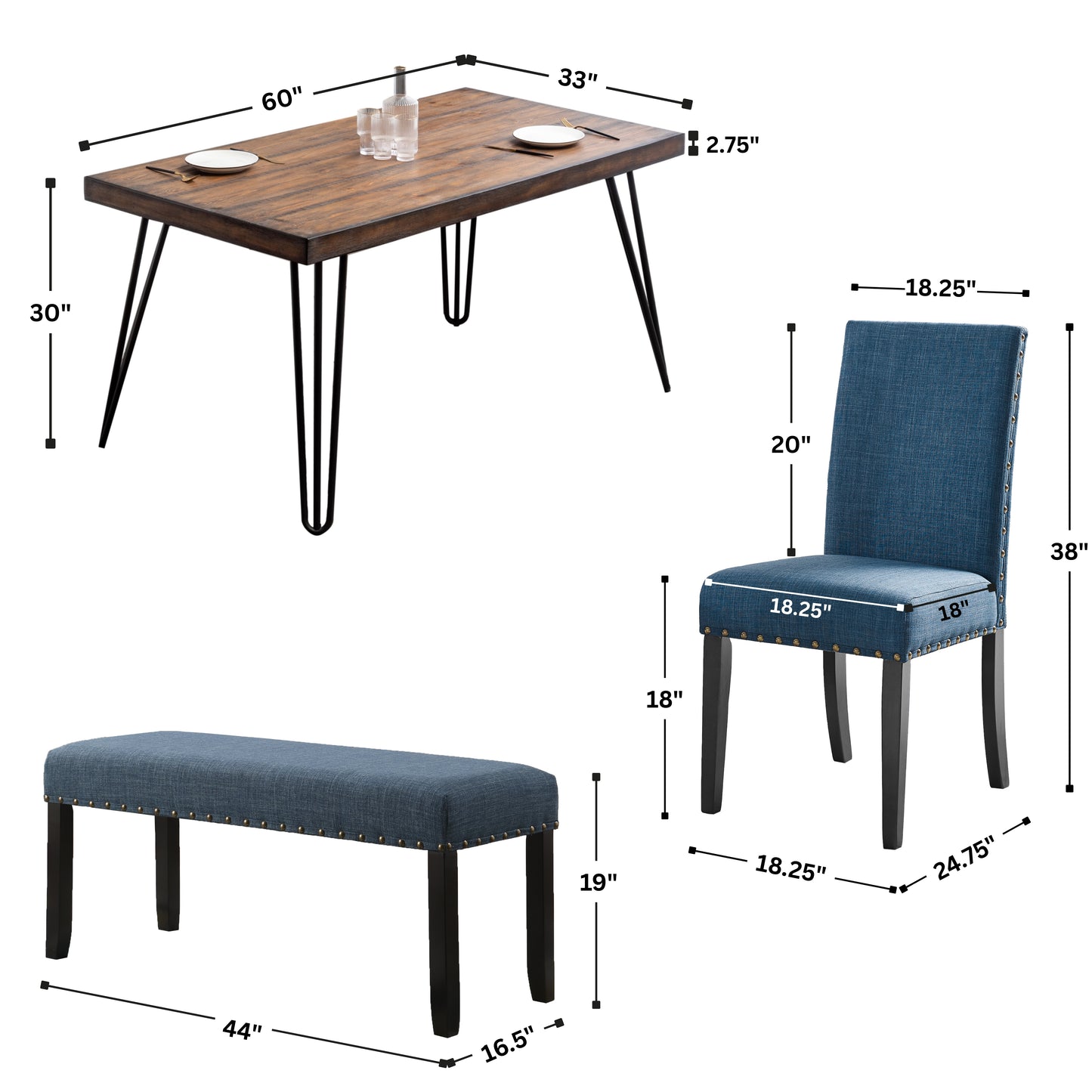 Amisos 6-Piece Dining Set, Hairpin Dining Table with 4 Chairs and Upholstery Bench, 3 Color Options