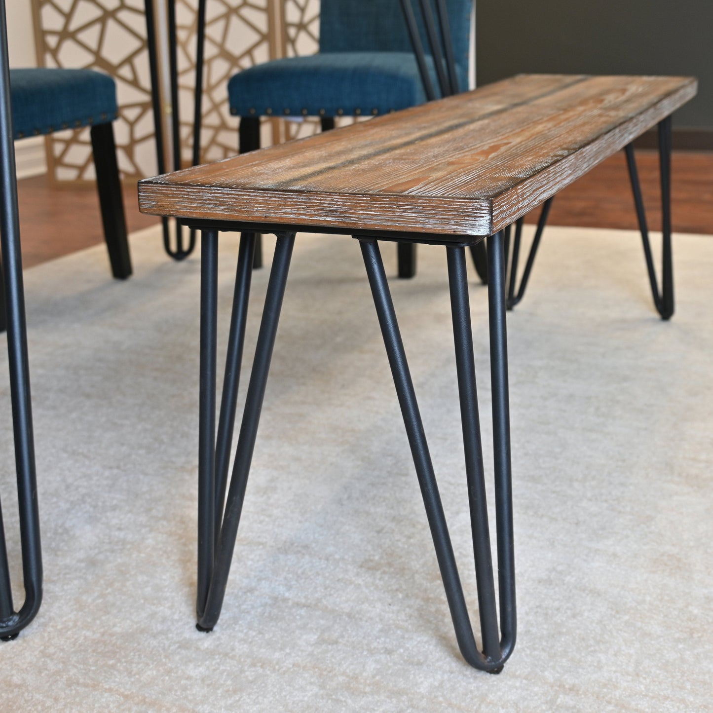 Amisos 6-Piece Dining Set, Hairpin Dining Table with 4 Chairs and a Wood Bench, 3 Color Options