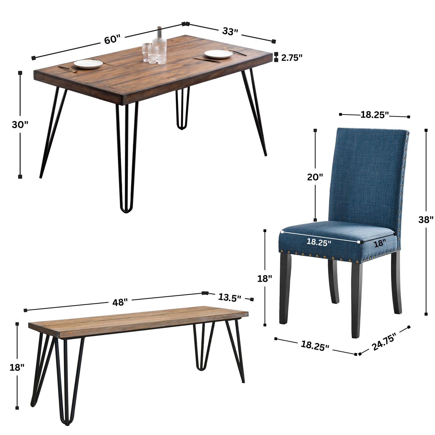 Amisos 6-Piece Dining Set, Hairpin Dining Table with 4 Chairs and a Wood Bench, 3 Color Options
