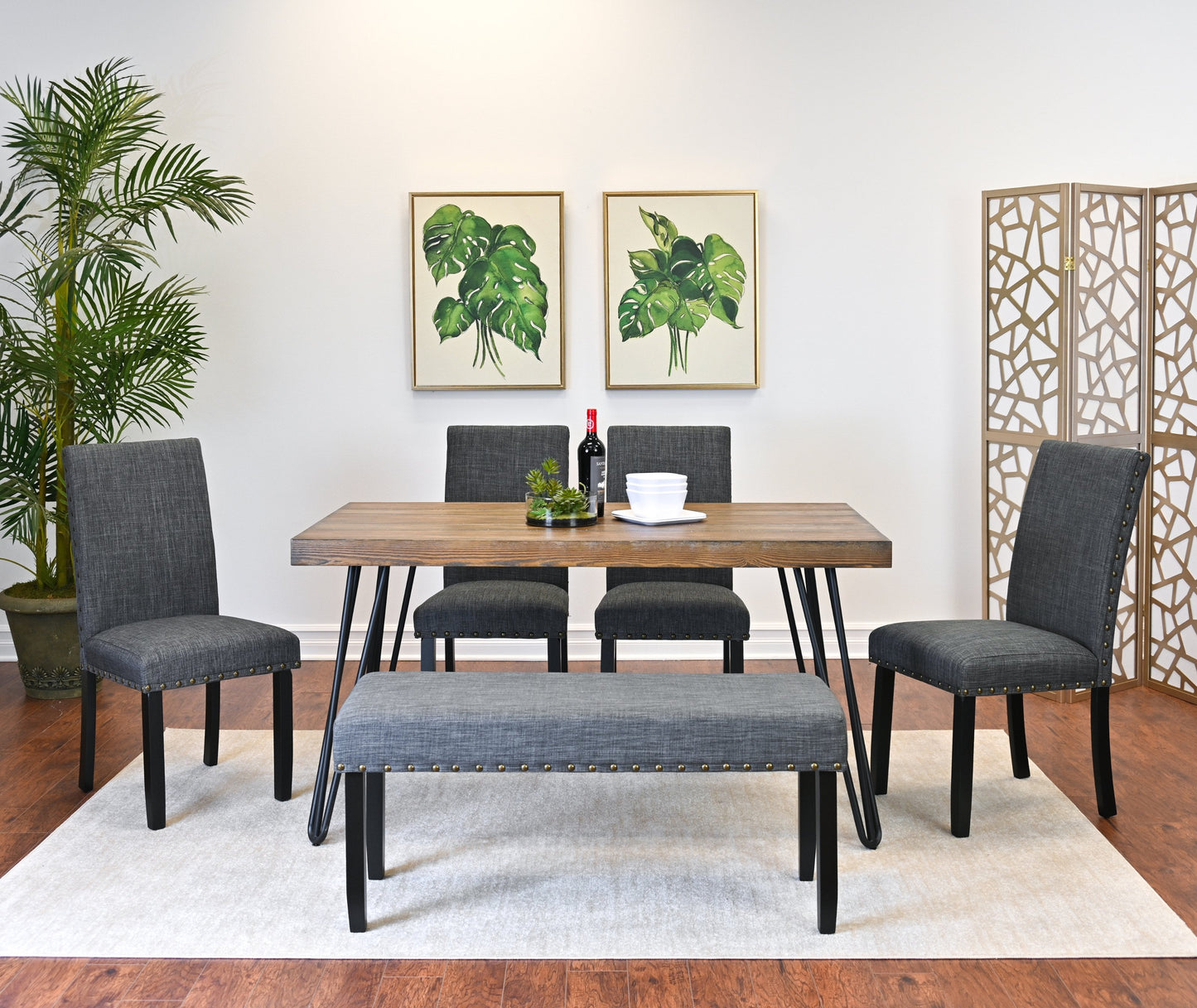 Amisos 6-Piece Dining Set, Hairpin Dining Table with 4 Chairs and Upholstery Bench, 3 Color Options