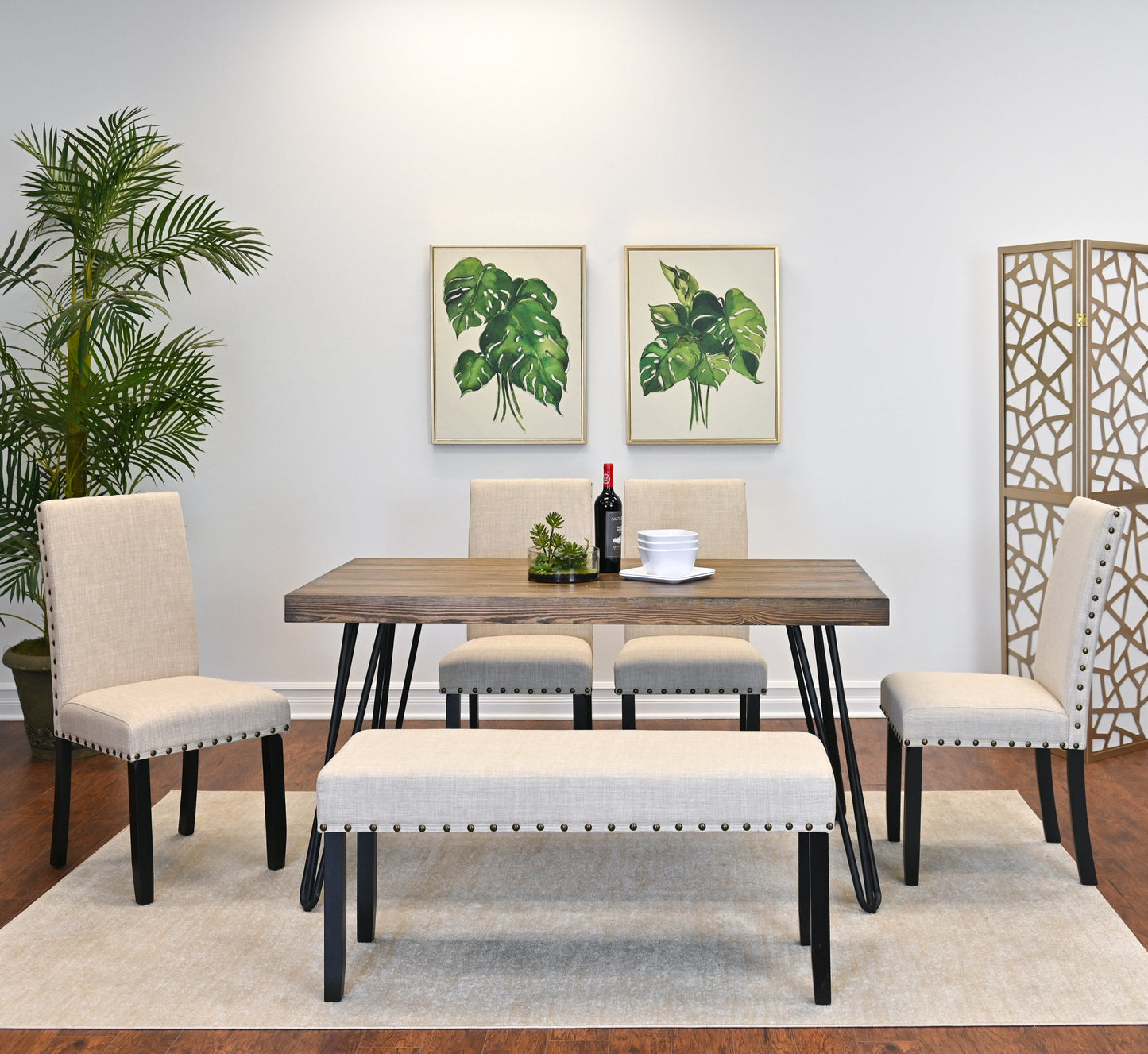 Amisos 6-Piece Dining Set, Hairpin Dining Table with 4 Chairs and Upholstery Bench, 3 Color Options