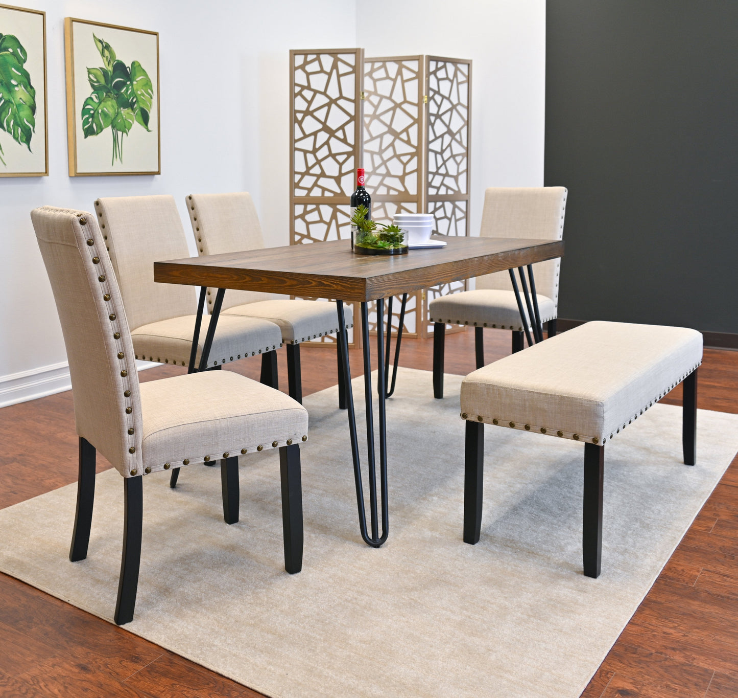 Amisos 6-Piece Dining Set, Hairpin Dining Table with 4 Chairs and Upholstery Bench, 3 Color Options