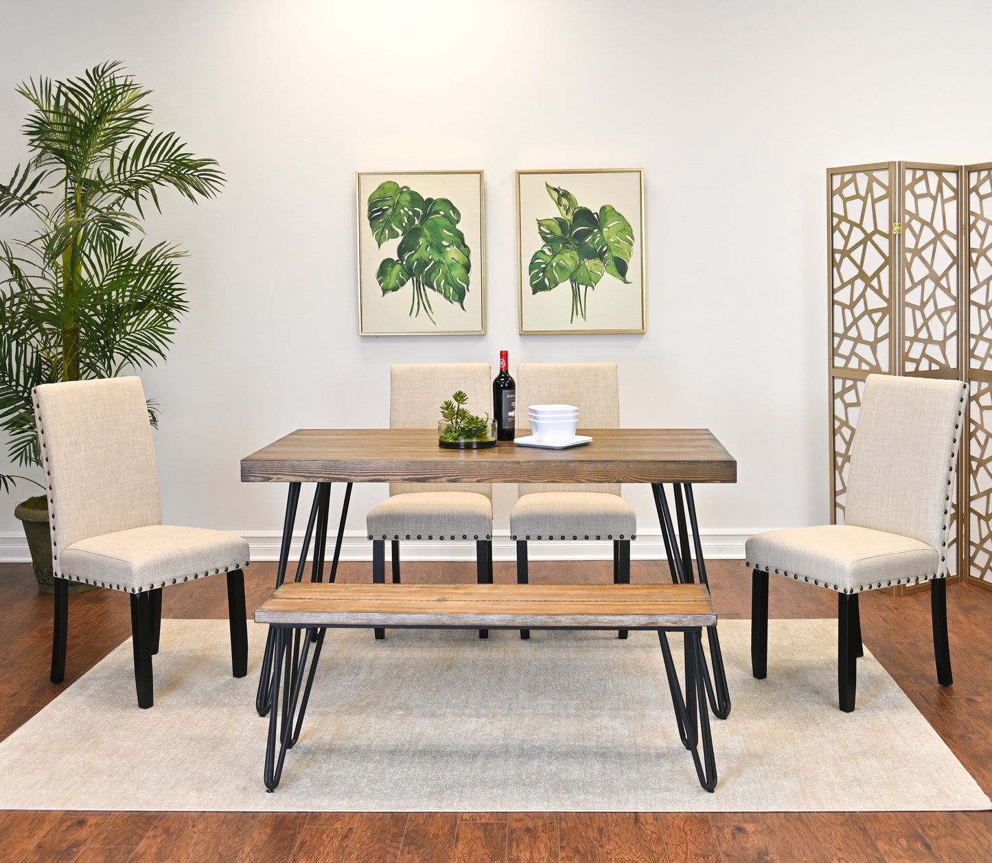 Amisos 6-Piece Dining Set, Hairpin Dining Table with 4 Chairs and a Wood Bench, 3 Color Options