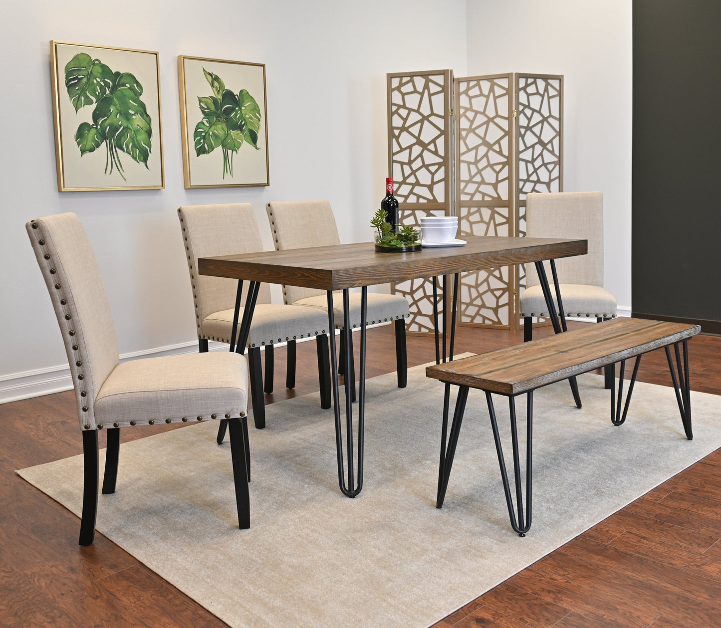 Amisos 6-Piece Dining Set, Hairpin Dining Table with 4 Chairs and a Wood Bench, 3 Color Options